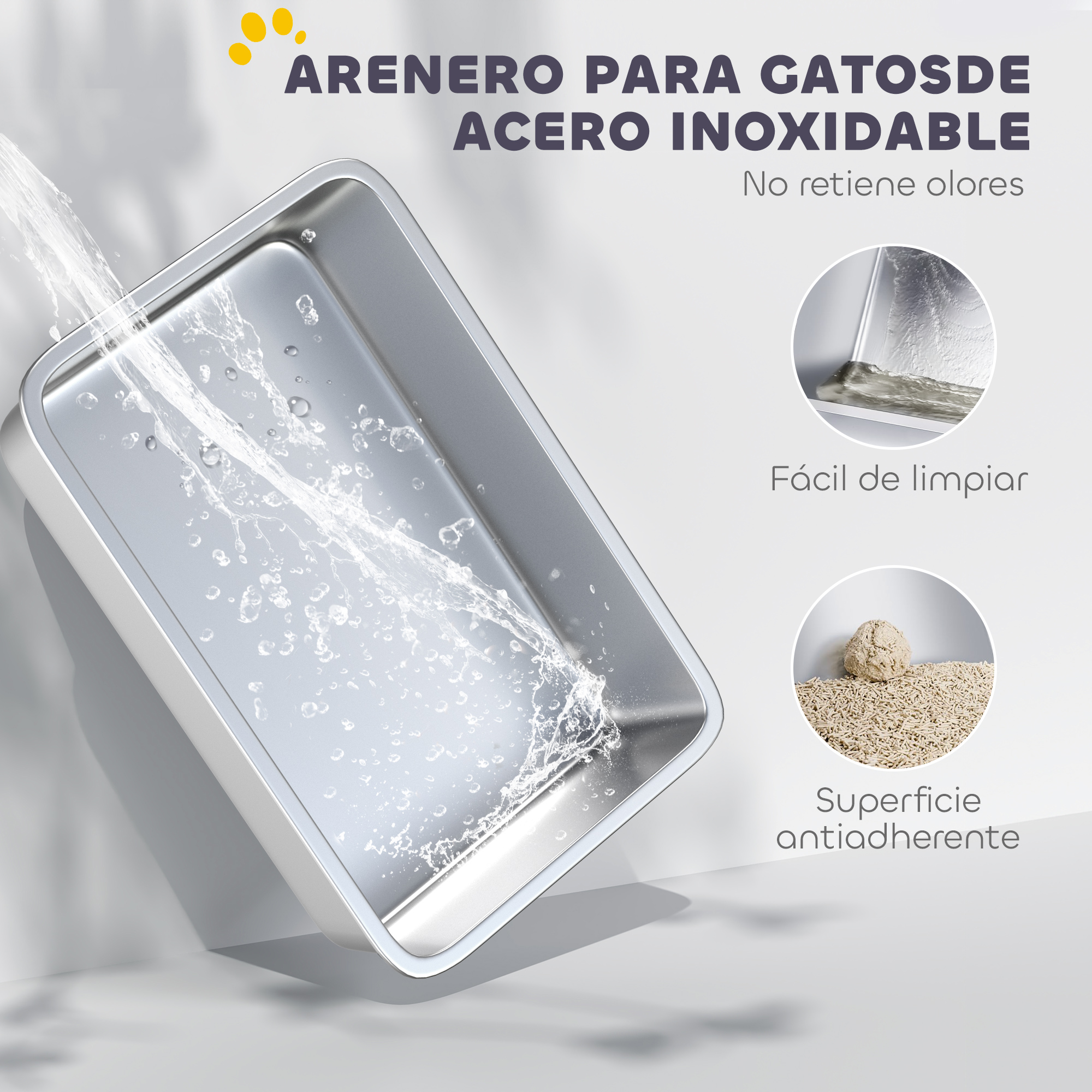 Arenero para gatos de acero inoxidable siendo lavado con agua, con inserciones que muestran fácil limpieza y superficie.