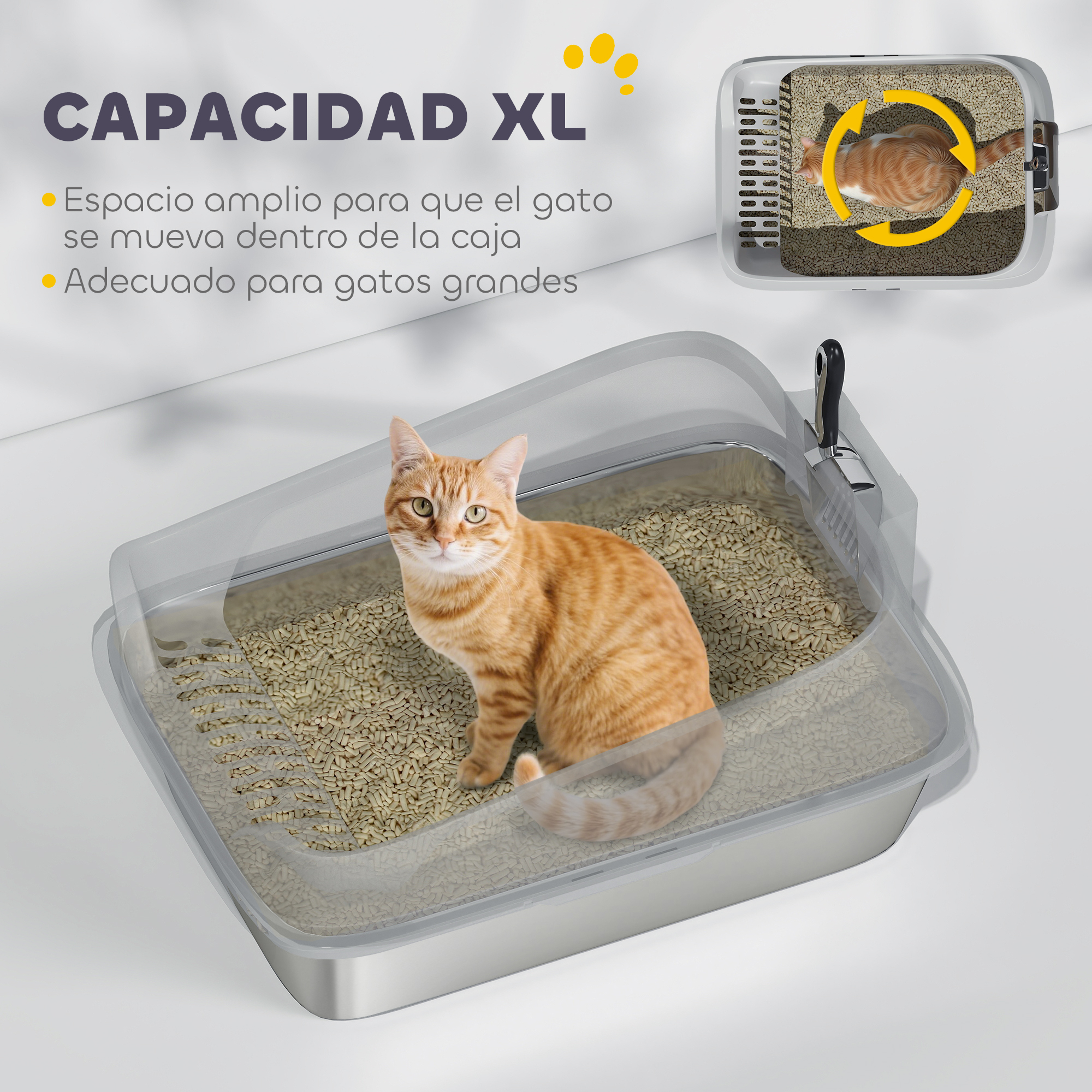 Un arenero grande y gris para gatos con una cúpula tintada contiene arena y un gato tabby naranja.
