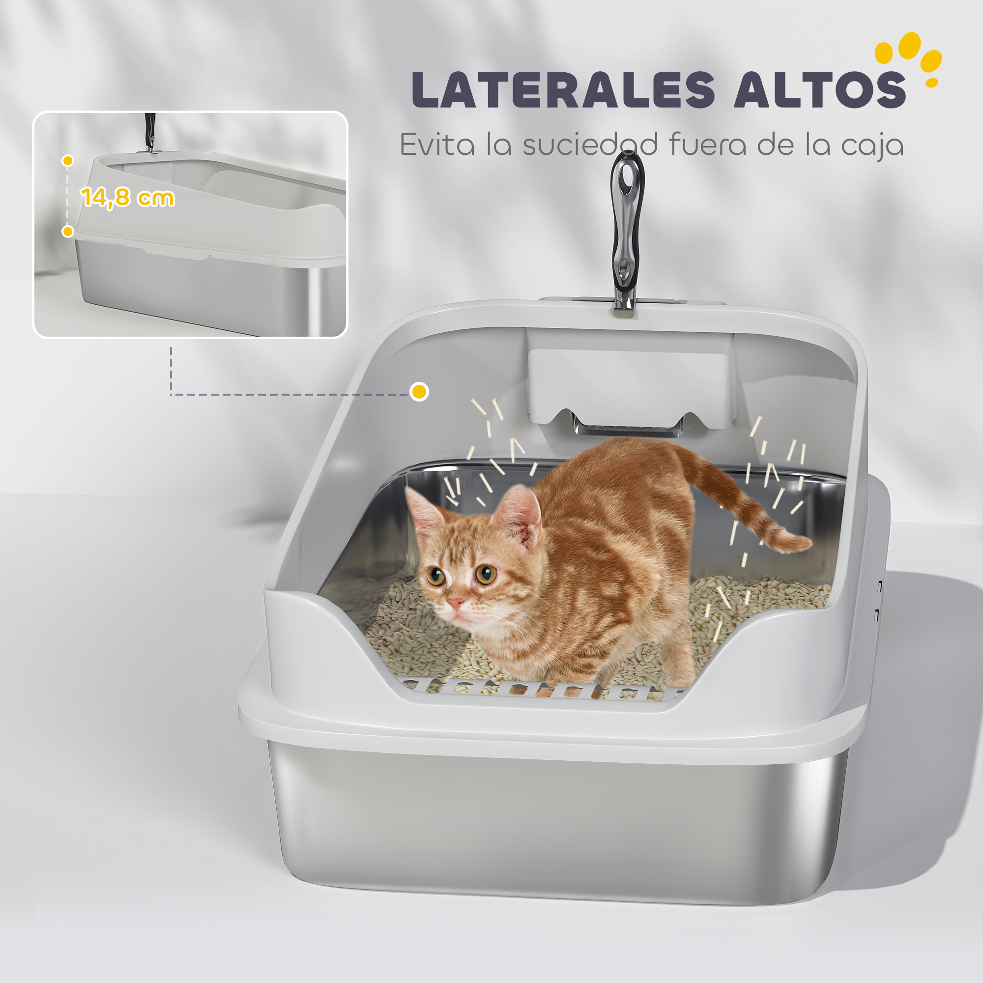 Un gato tabby naranja en un arenero de acero inoxidable de lados altos con arena volando alrededor.