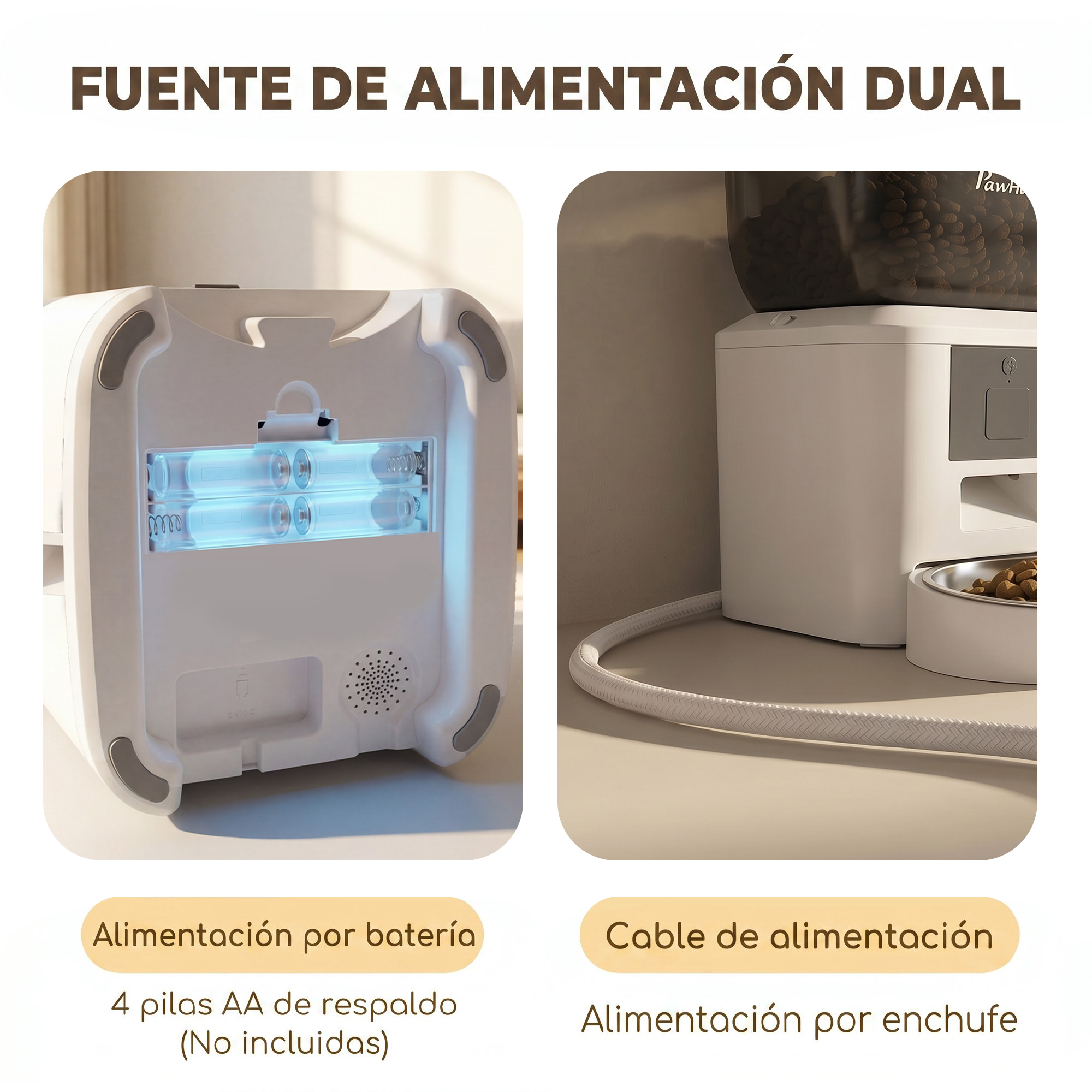 Dos vistas de un comedero automático que muestran el compartimento de baterías y el cable de alimentación.