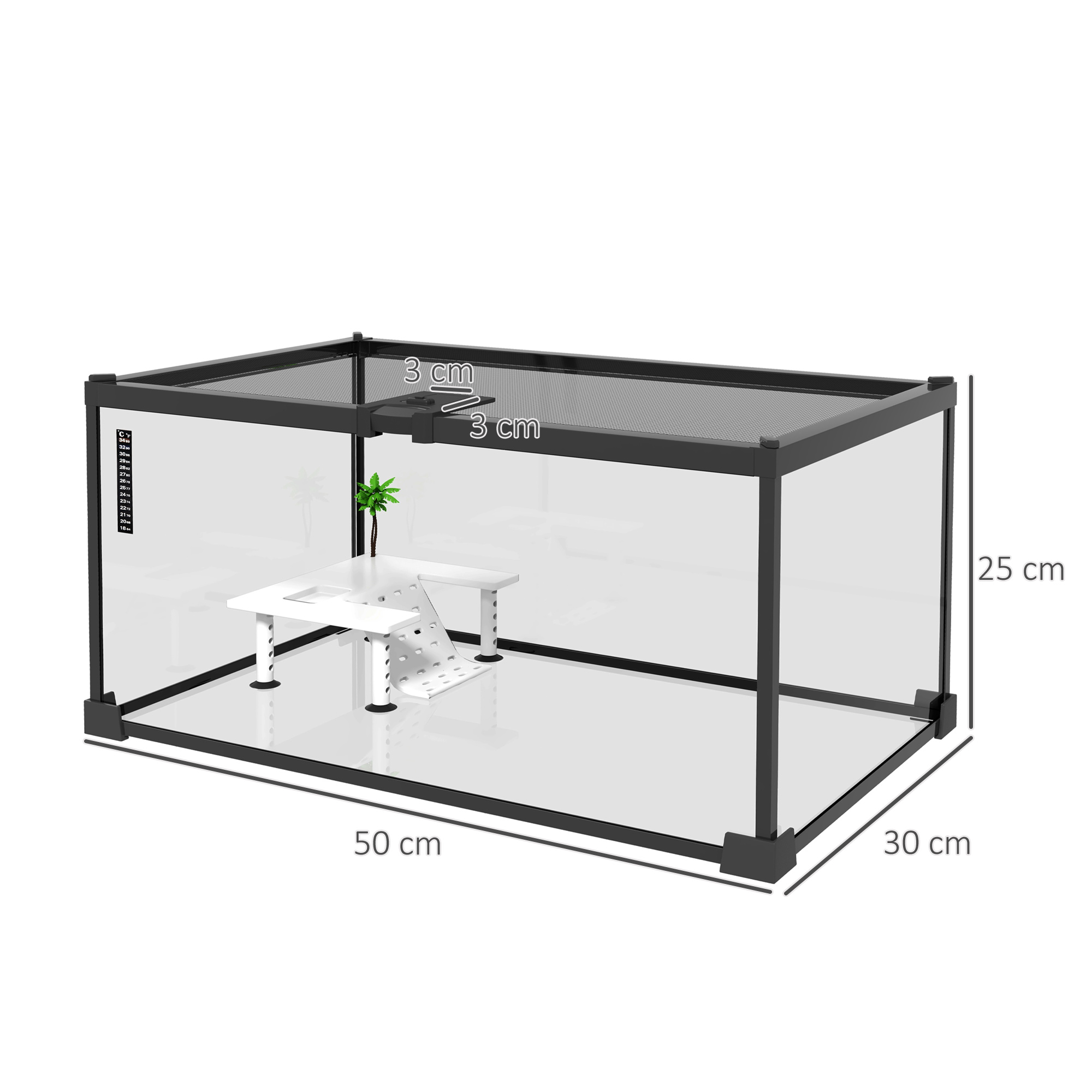Un terrario de cristal con marco negro, una mesa blanca dentro y dimensiones de 50x30x25 cm.