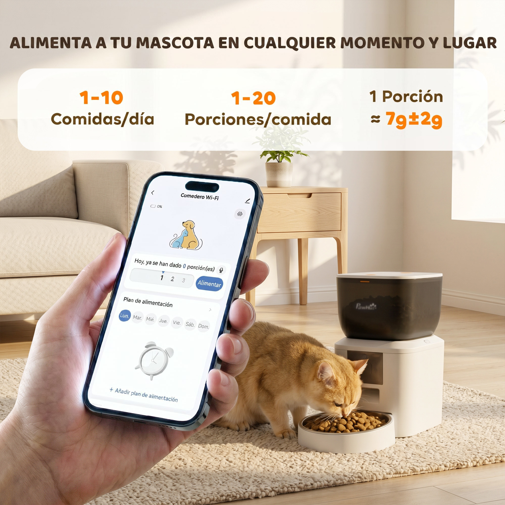 Mano sostiene smartphone con app de comedero mientras un gato come de un comedero automático.