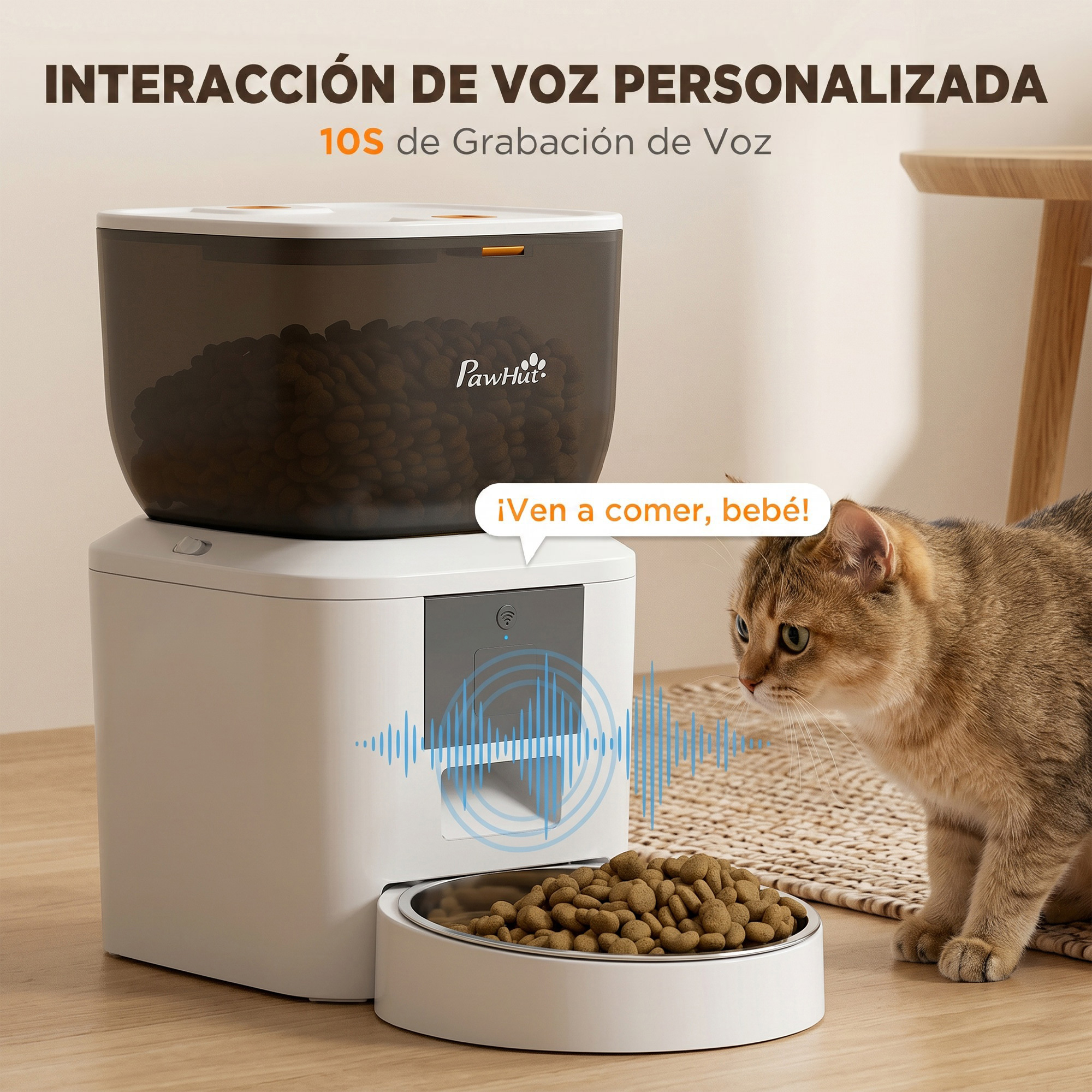 Un gato mira un comedero automático para mascotas con una burbuja de voz.