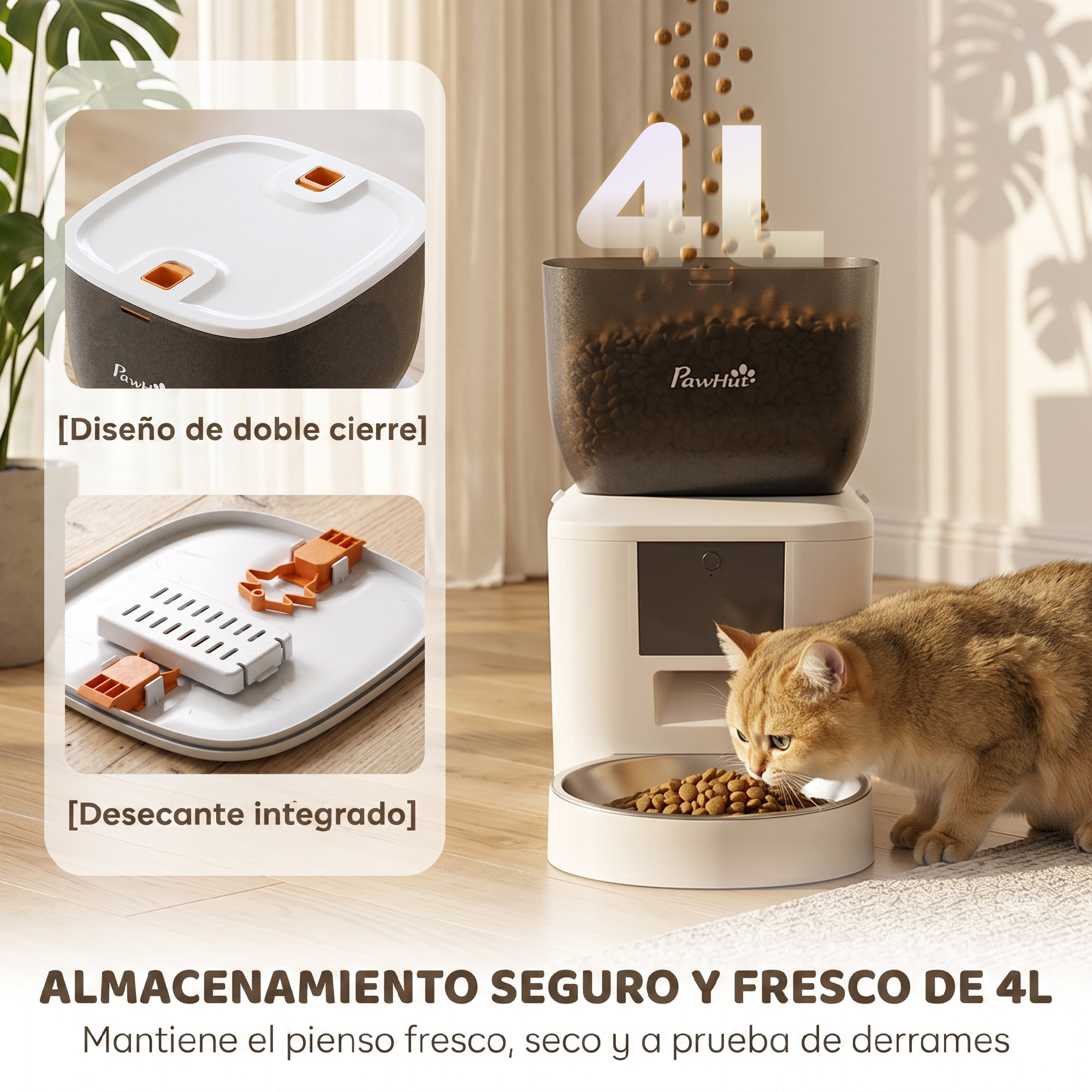 Un gato come de un comedero automático de 4L con desecante integrado.