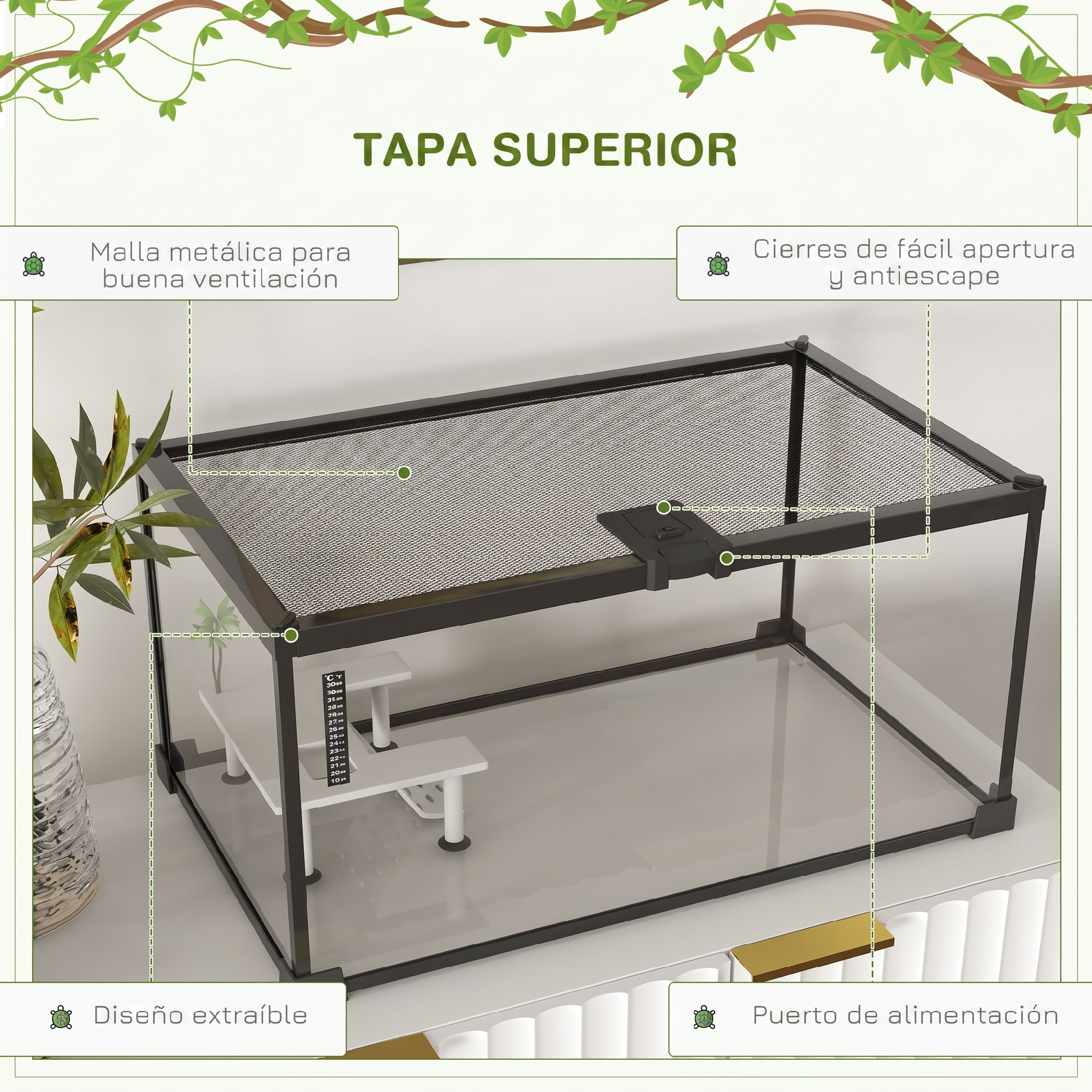 Un terrario con tapa de malla, ventilación, cerradura, compuerta e interior.
