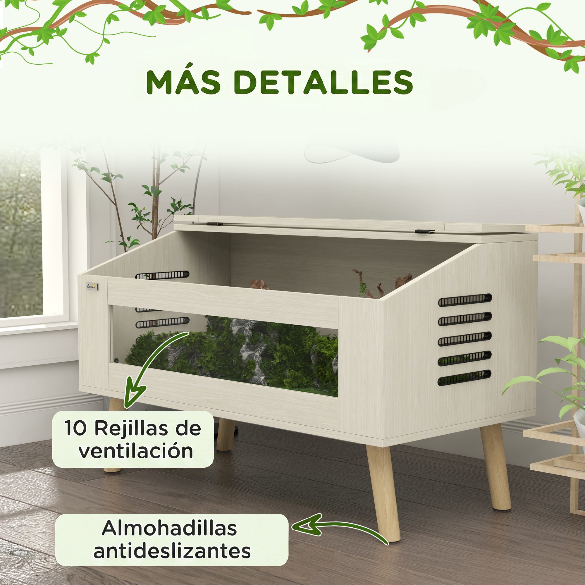 Un terrario de reptiles de madera con rejillas de ventilación y patas.