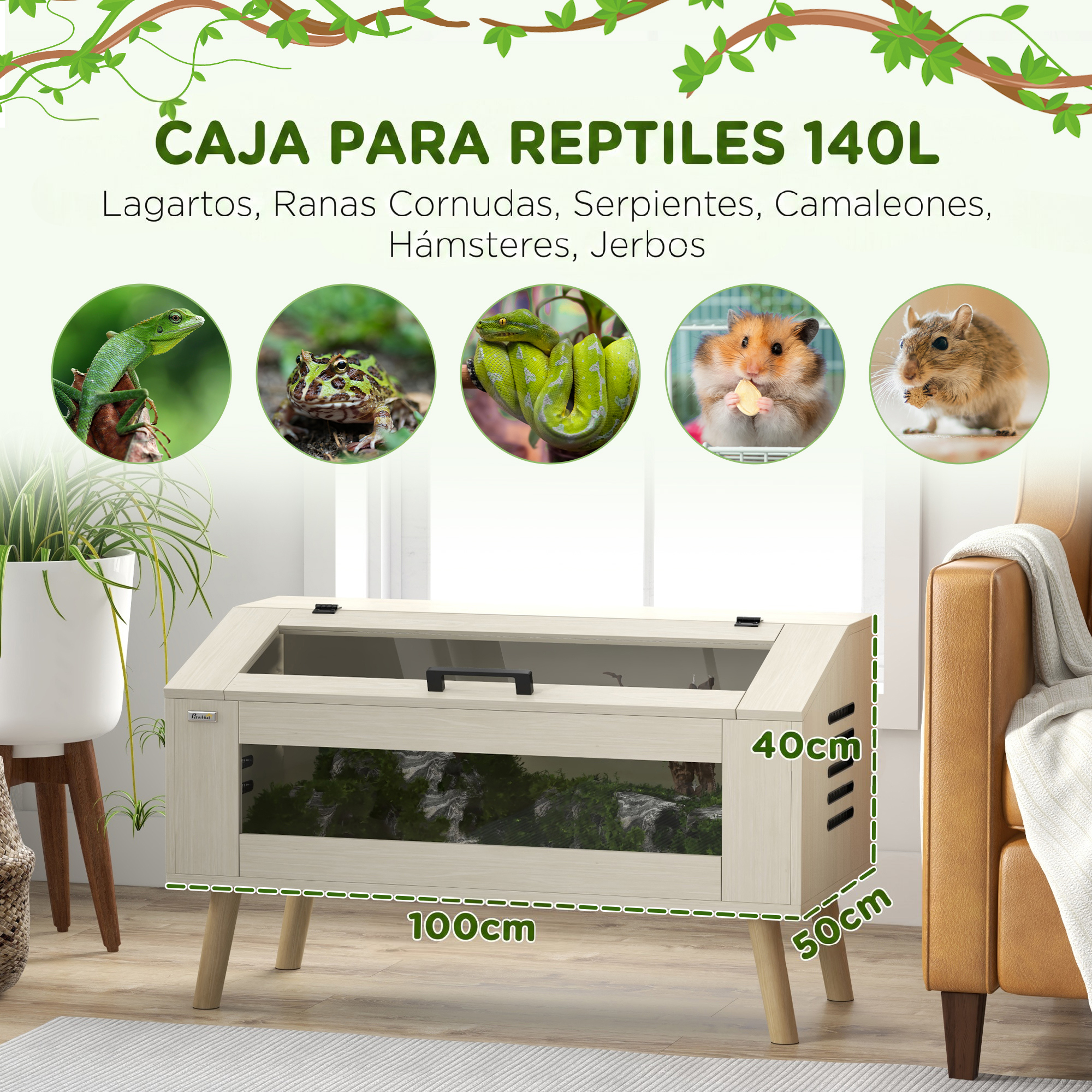 Terrario para reptiles de 140L estilo madera con medidas, apto para lagartos, ranas y roedores, en una habitación.