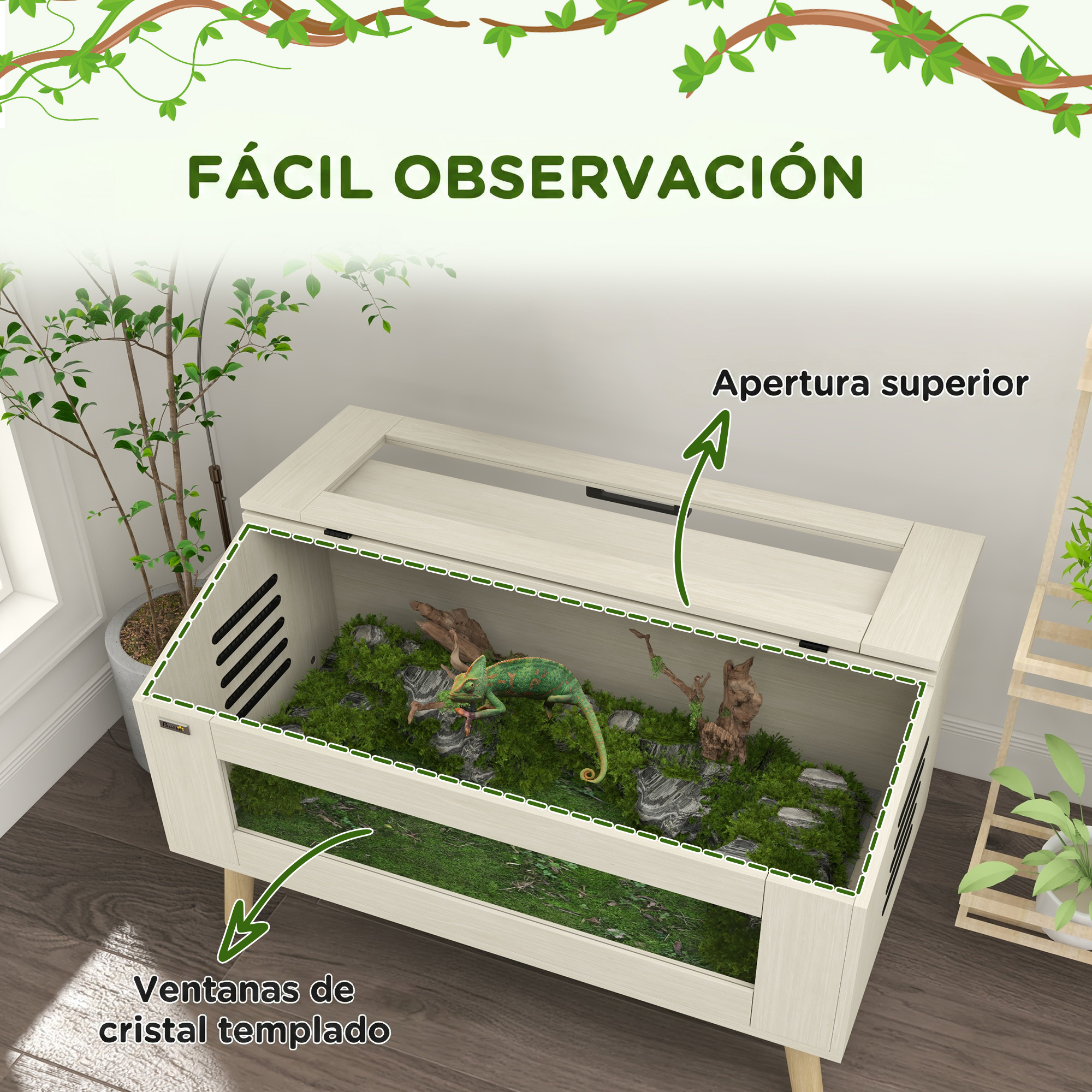Un terrario de reptiles de madera con un camaleón verde, ventanas de cristal y apertura superior.