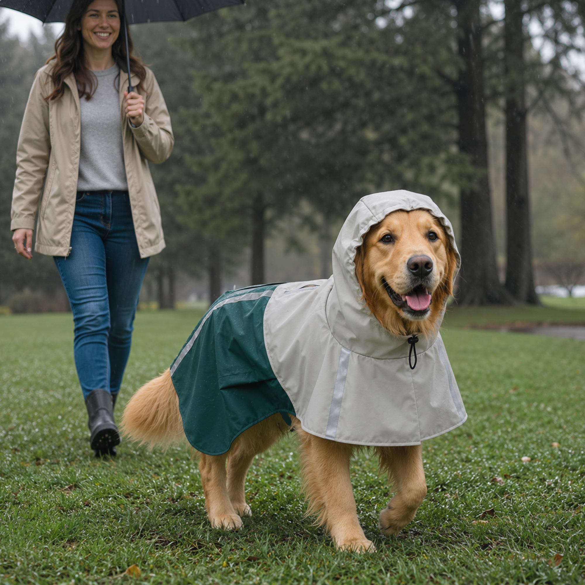 Una mujer sonriente pasea a su golden retriever en un parque mientras ambos llevan impermeables.