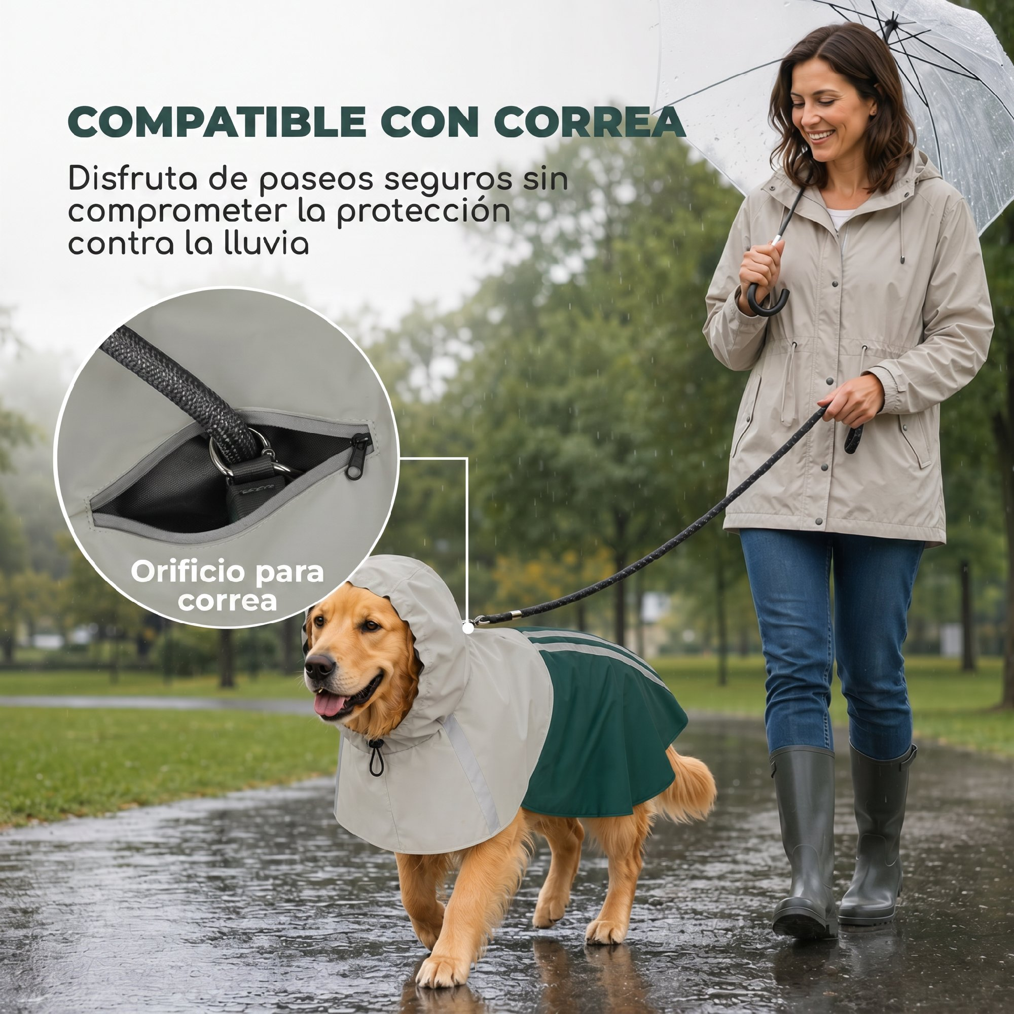 Una mujer con impermeable pasea a un perro con impermeable en un parque.