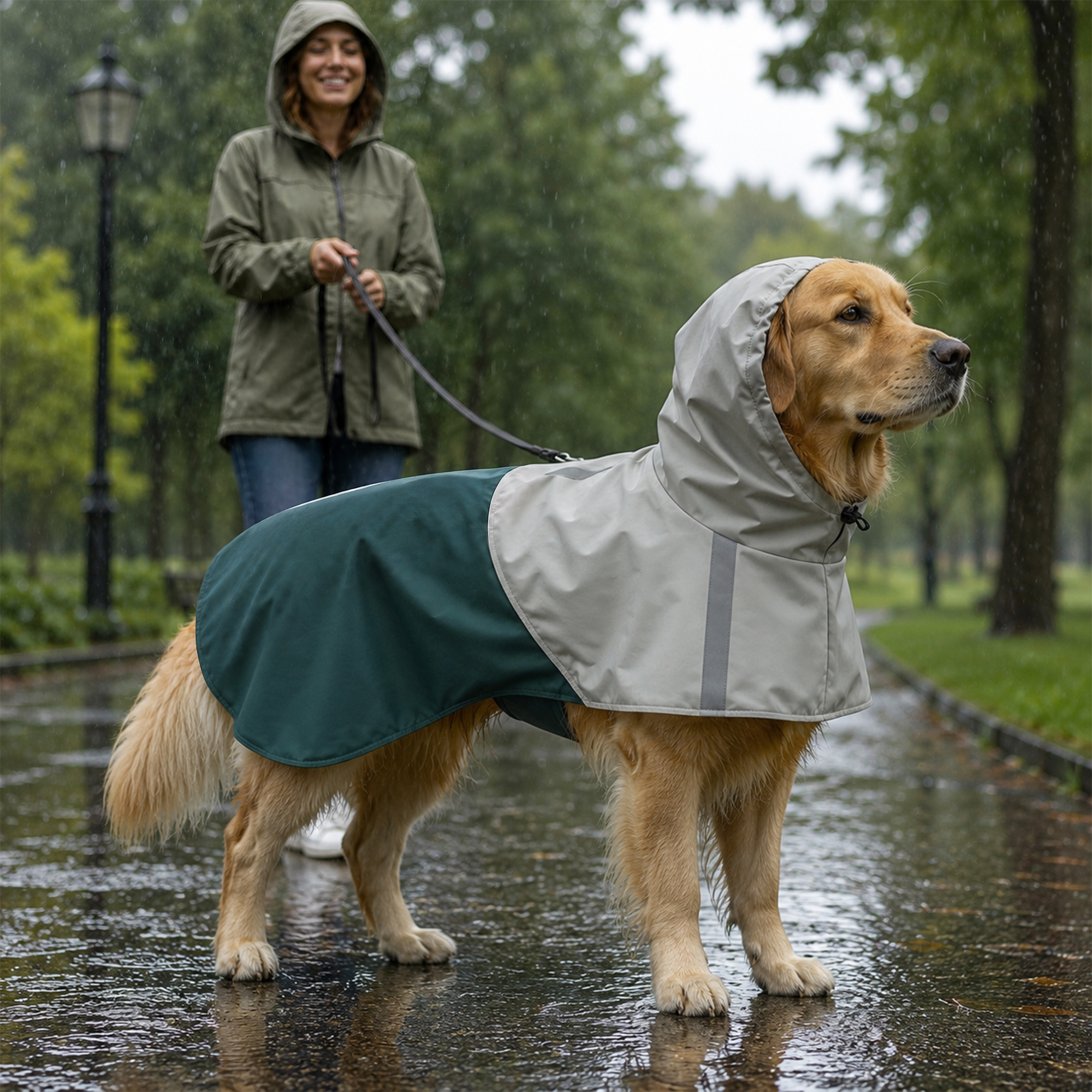 Un golden retriever con chubasquero gris y verde sobre un camino mojado, con una mujer con capucha al fondo.