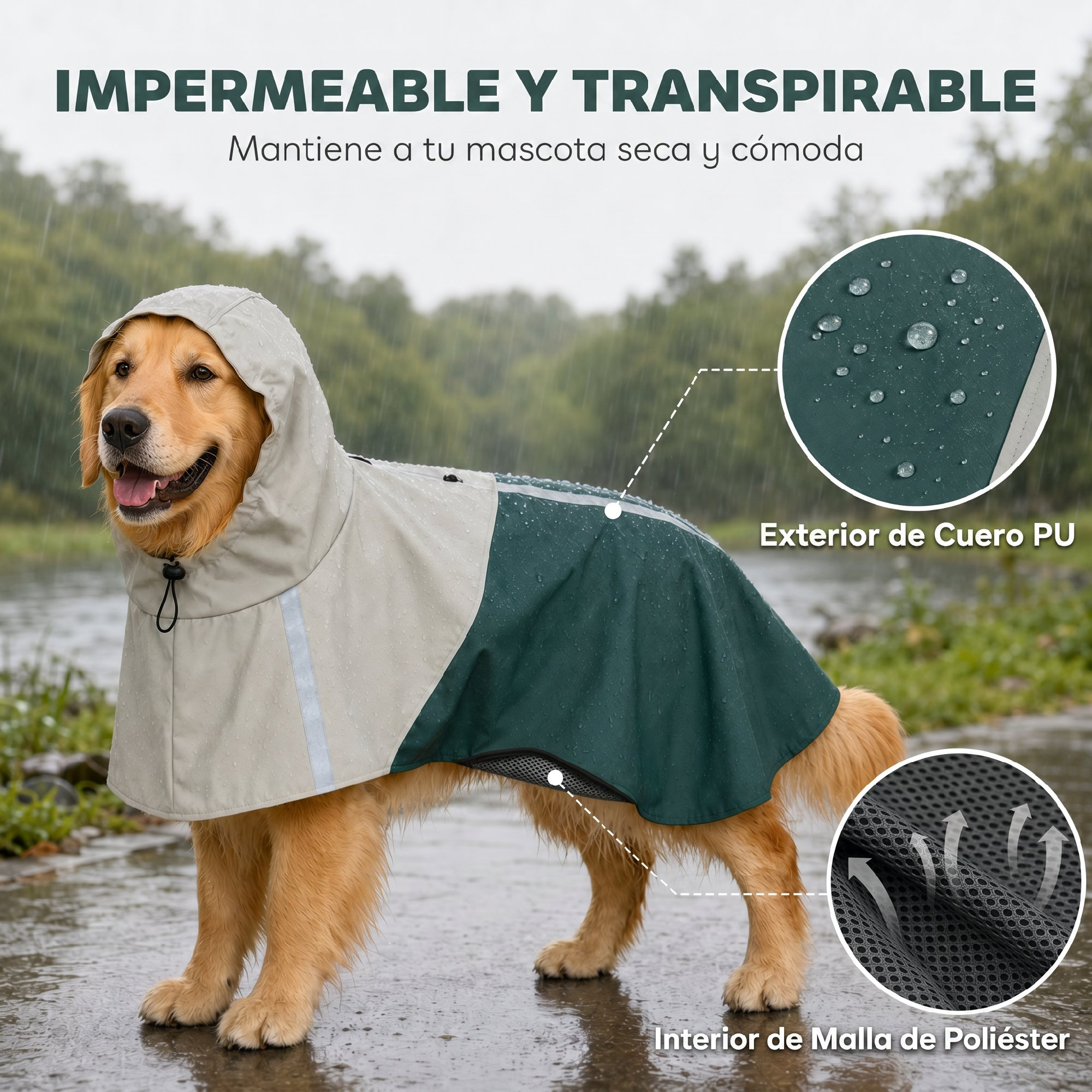 Golden Retriever con impermeable verde y gris bajo la lluvia, con detalles de los materiales.