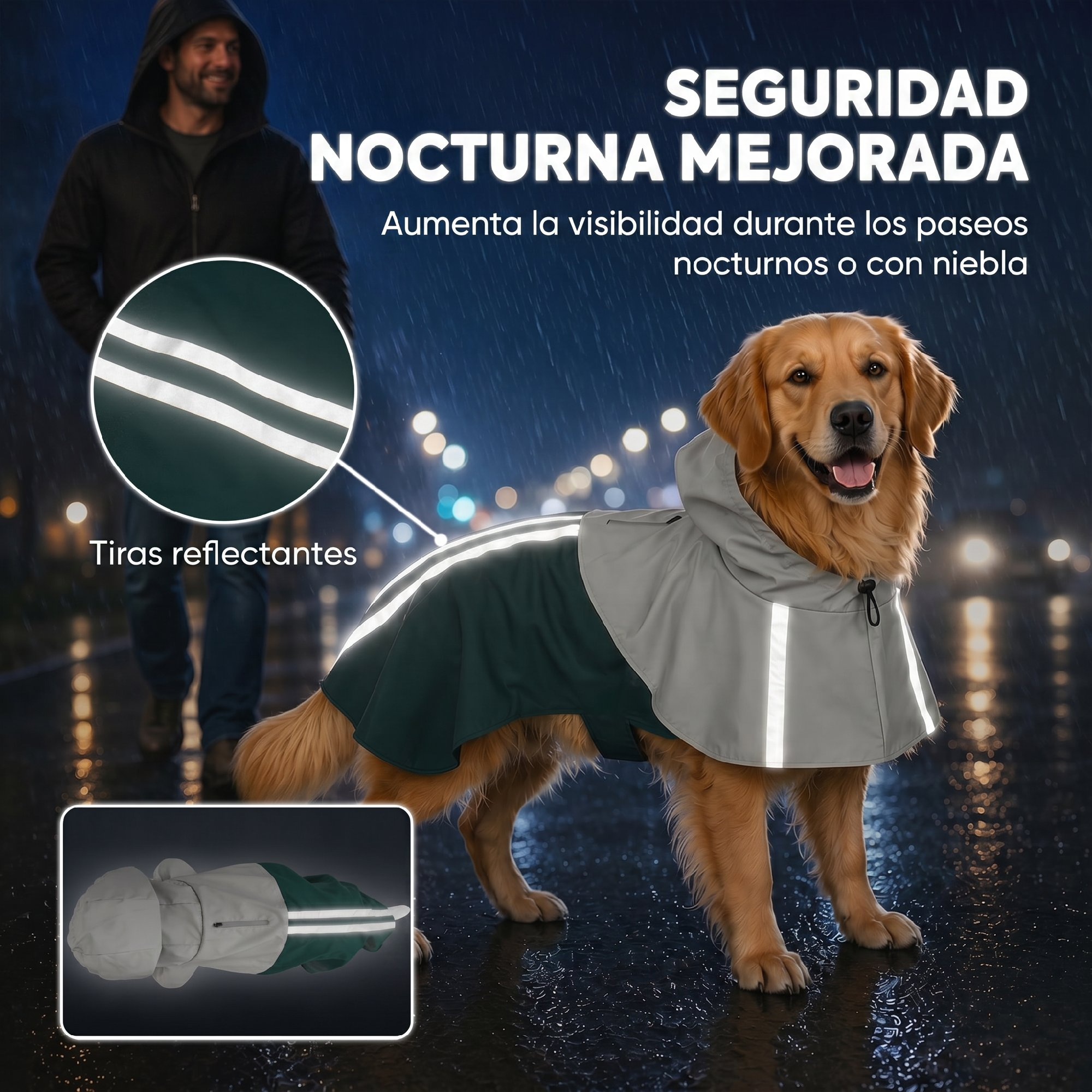 Golden Retriever lleva un impermeable reflectante en la noche lluviosa.