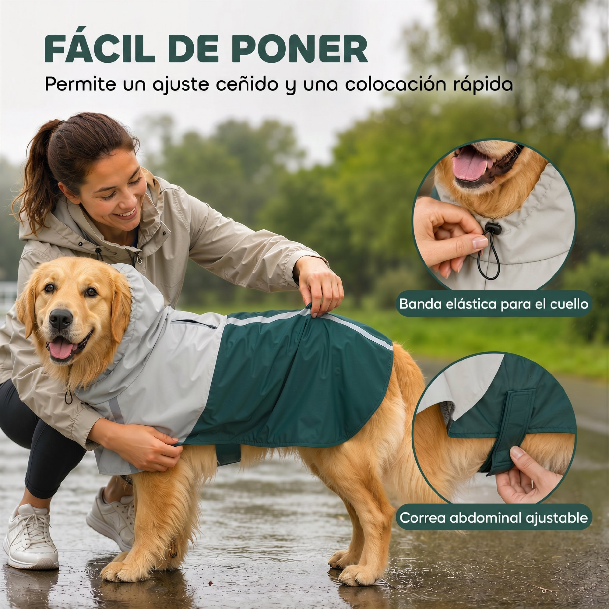 Una mujer le pone un impermeable verde y gris a un Golden Retriever al aire libre.