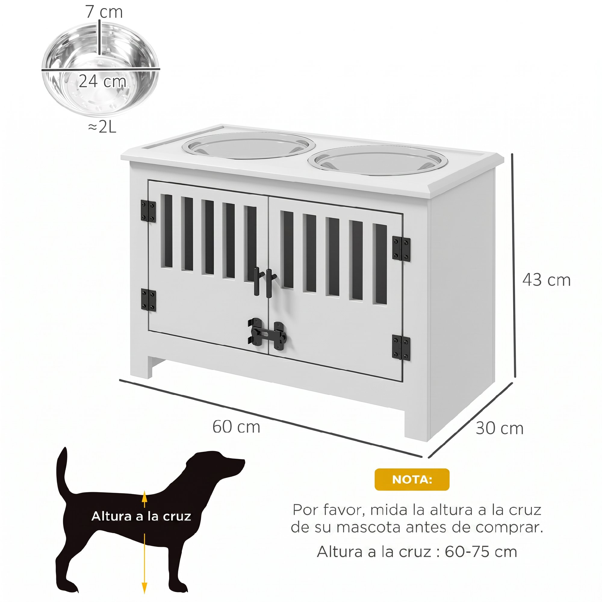 Mueble comedero blanco con medidas, cuencos y guía de altura para perros.