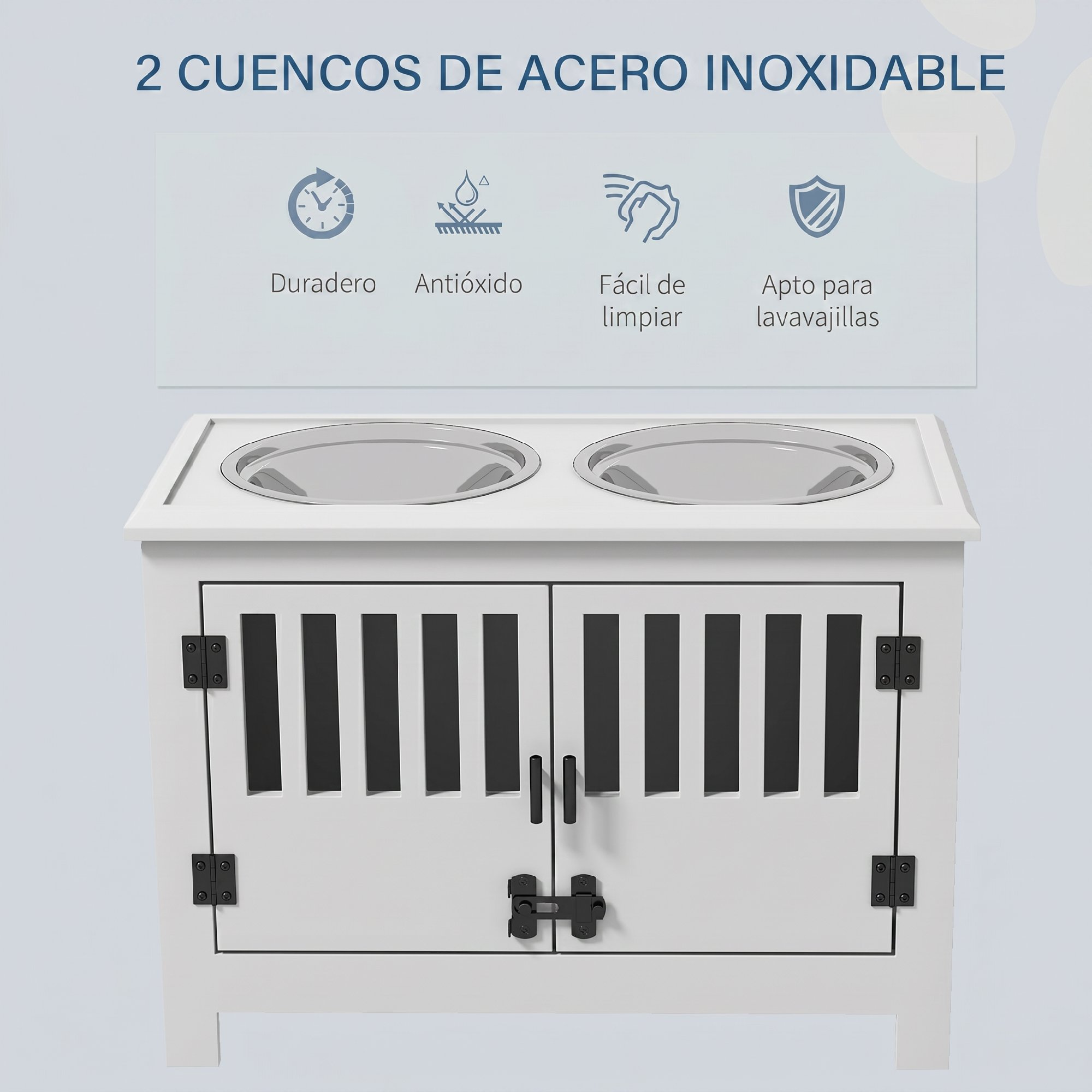 Estación de alimentación blanca con armarios y dos cuencos de acero inoxidable.
