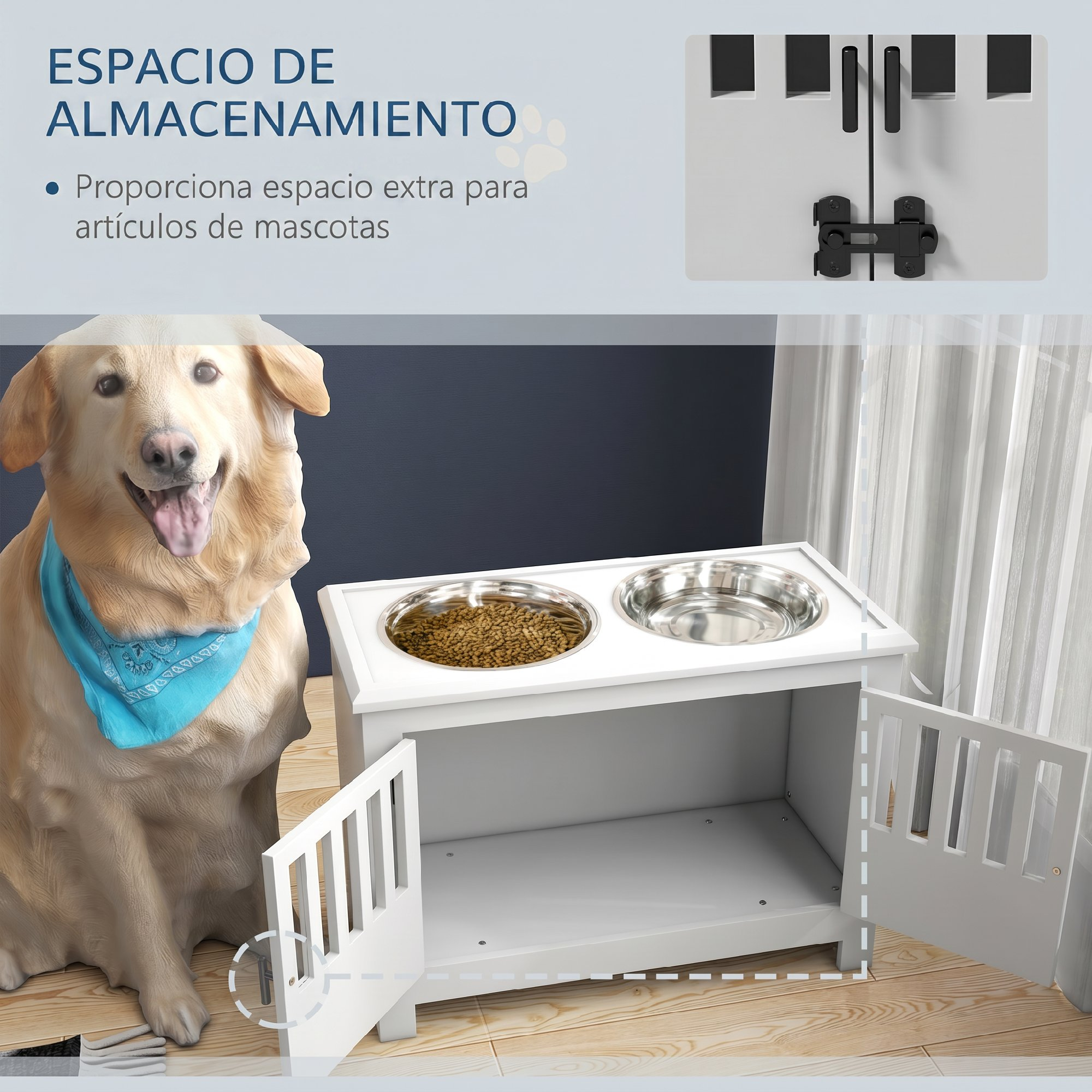 Un golden retriever se sienta junto a una estación de alimentación blanca con almacenamiento y dos cuencos.