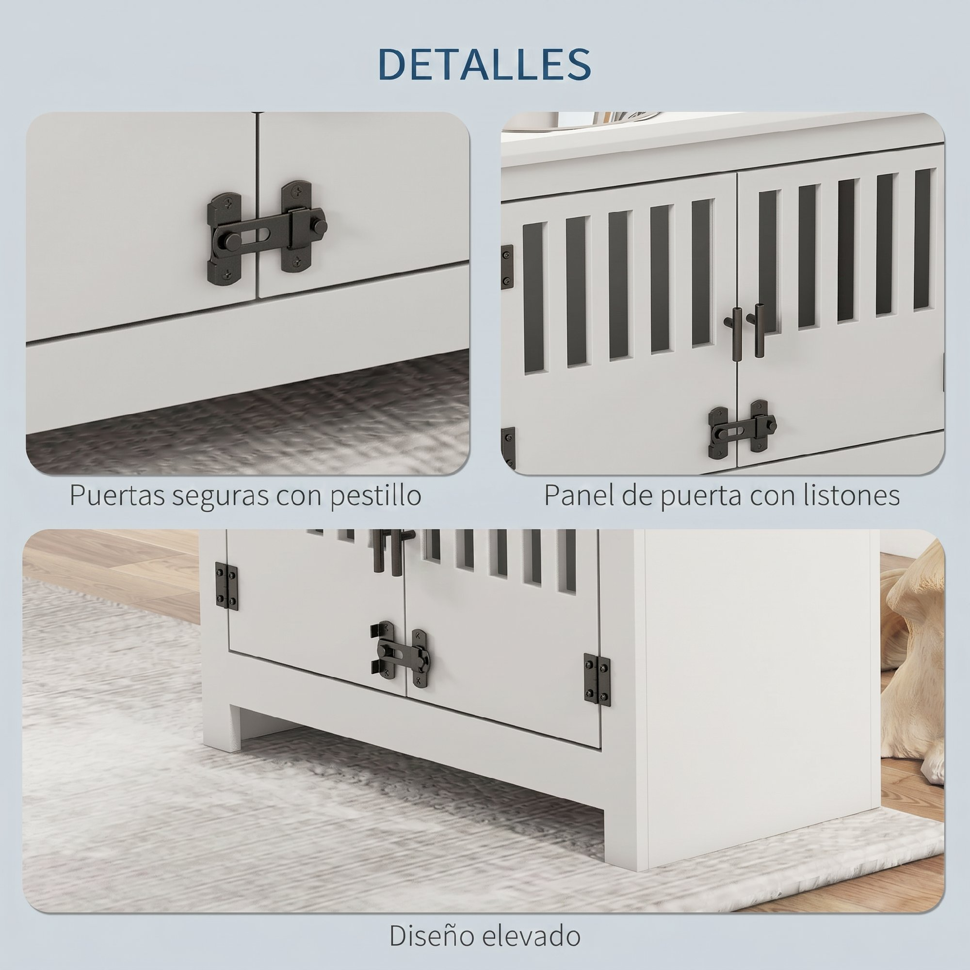 Tres paneles que muestran detalles de un armario de madera blanca con pestillos seguros, puertas de listones y diseño elevado.