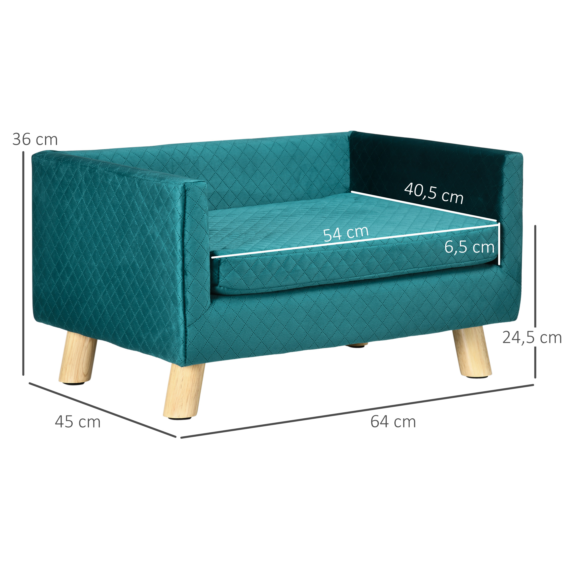 Sofá para mascotas azul verdoso con tela acolchada y patas de madera, con líneas de cotas.