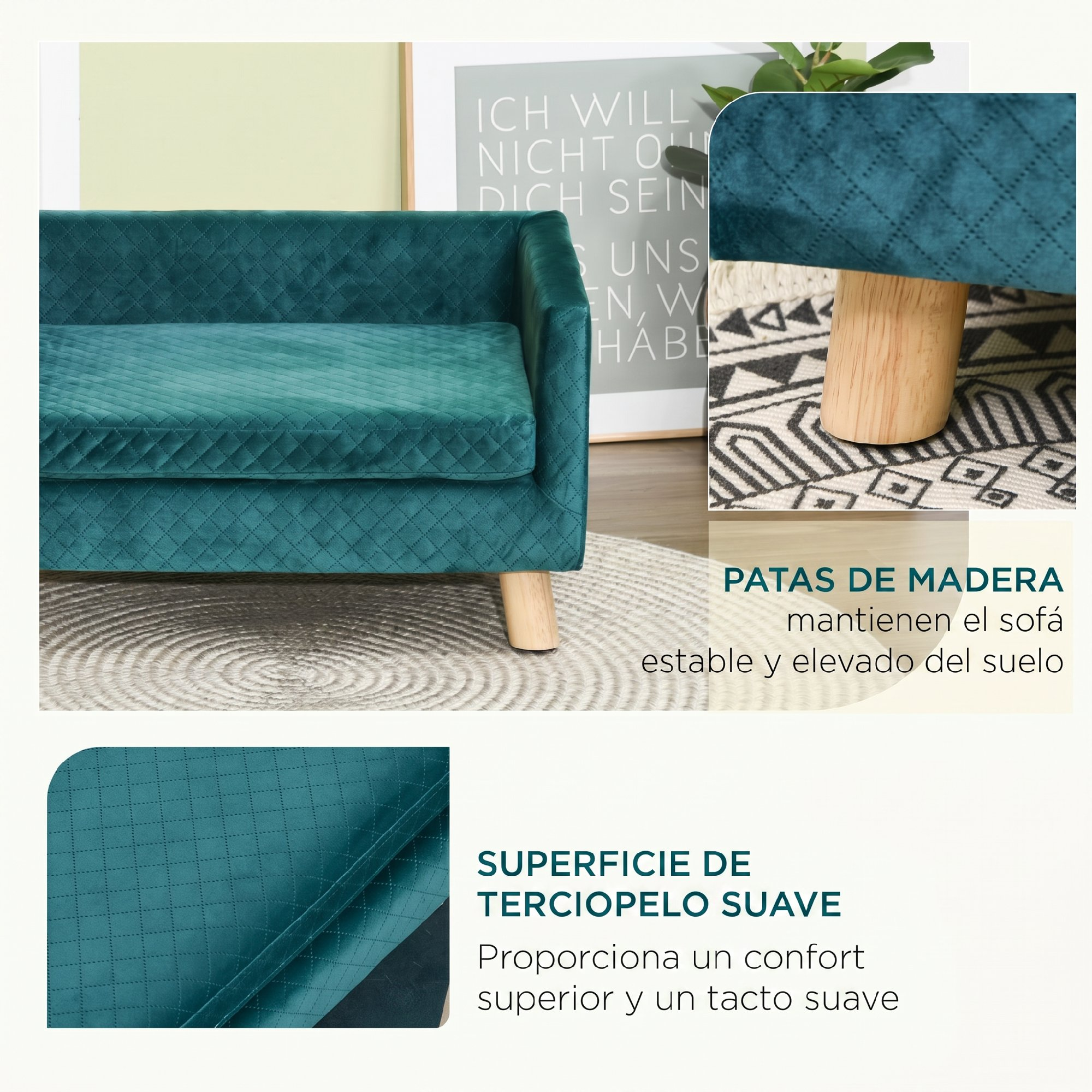 Sofá de terciopelo verde azulado con patas de madera sobre una alfombra, destacando textura y base.