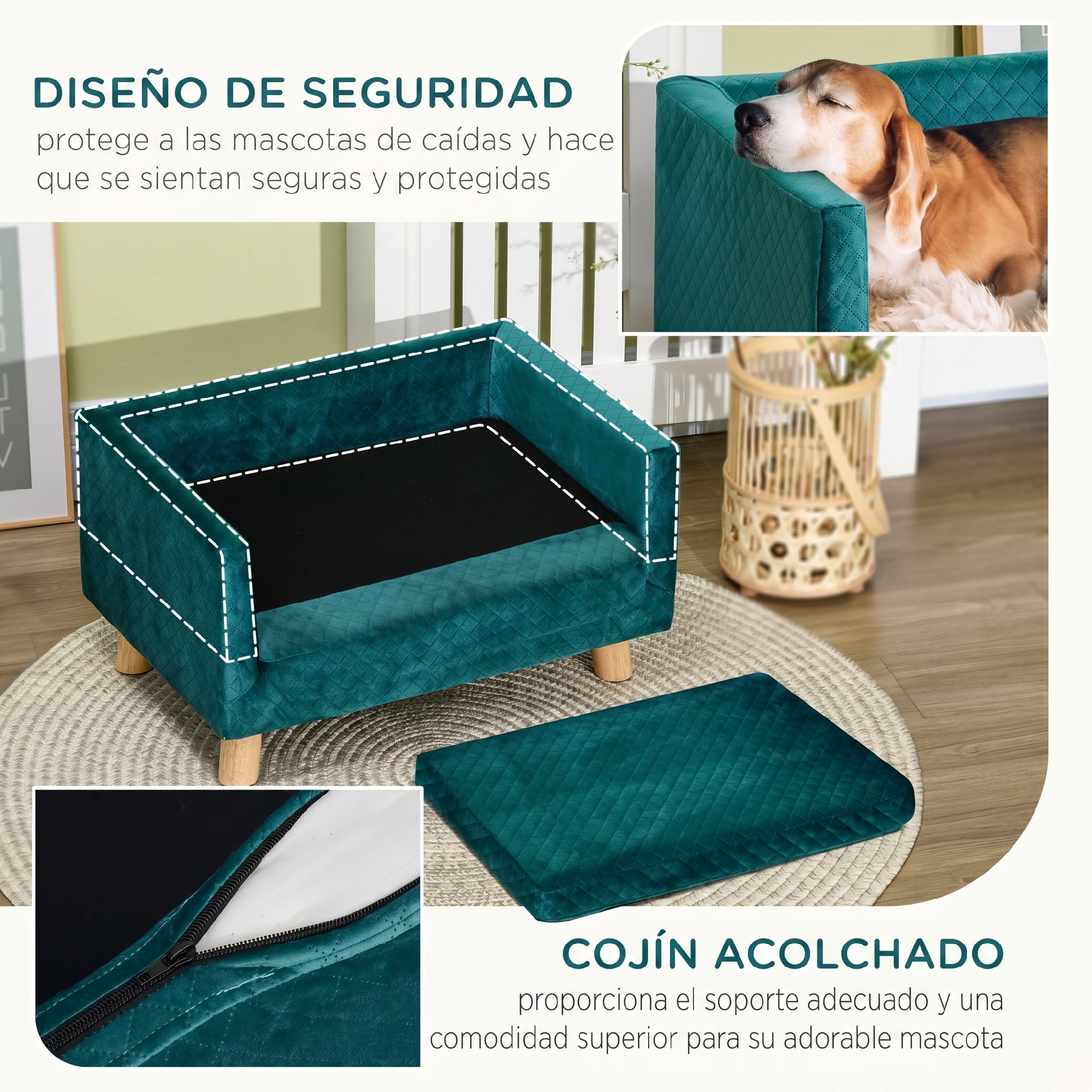 Sofá verde para mascotas en suelos de madera con cojín, cremallera y perro.