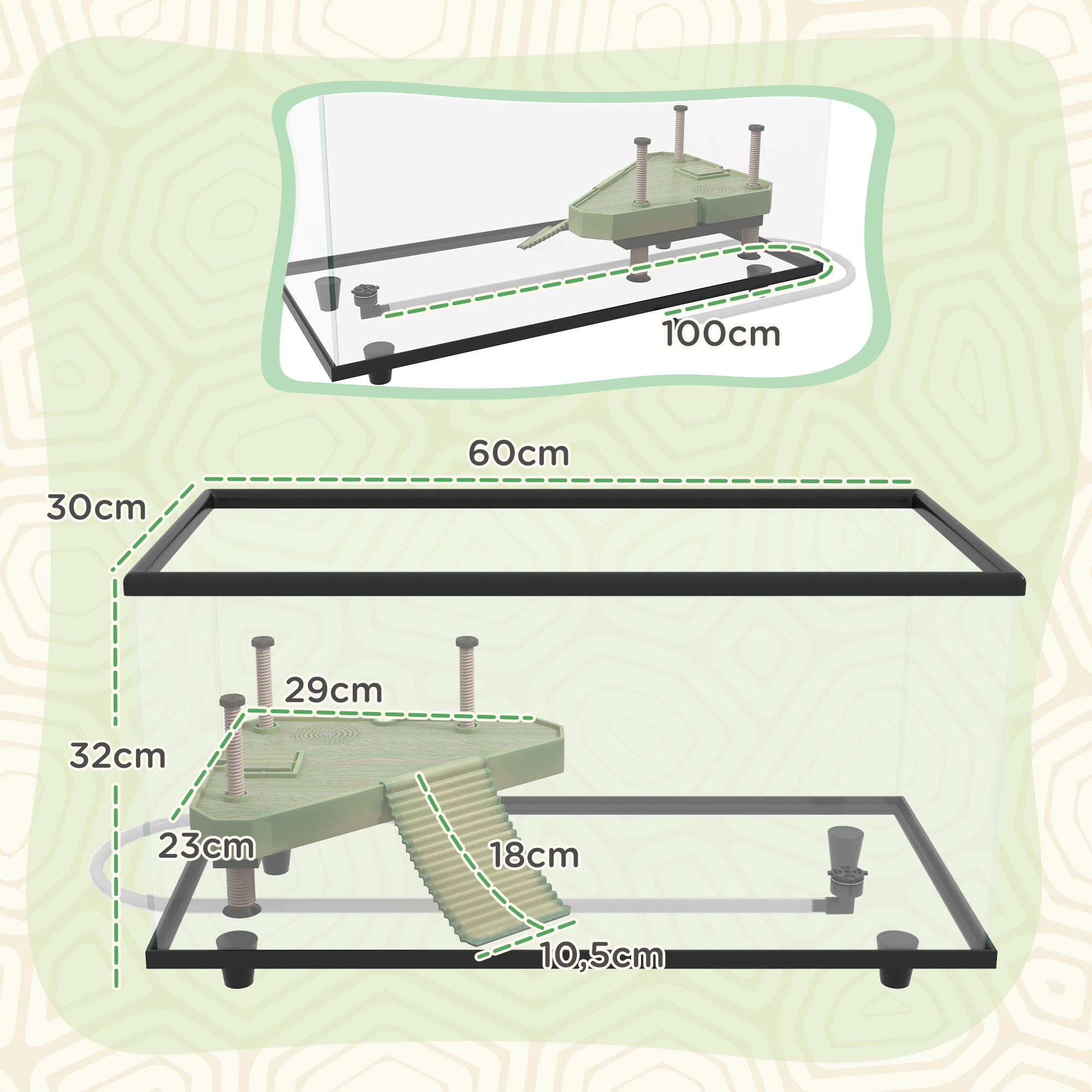 Acuario con dimensiones y una plataforma verde integrada con rampa y tuberías.