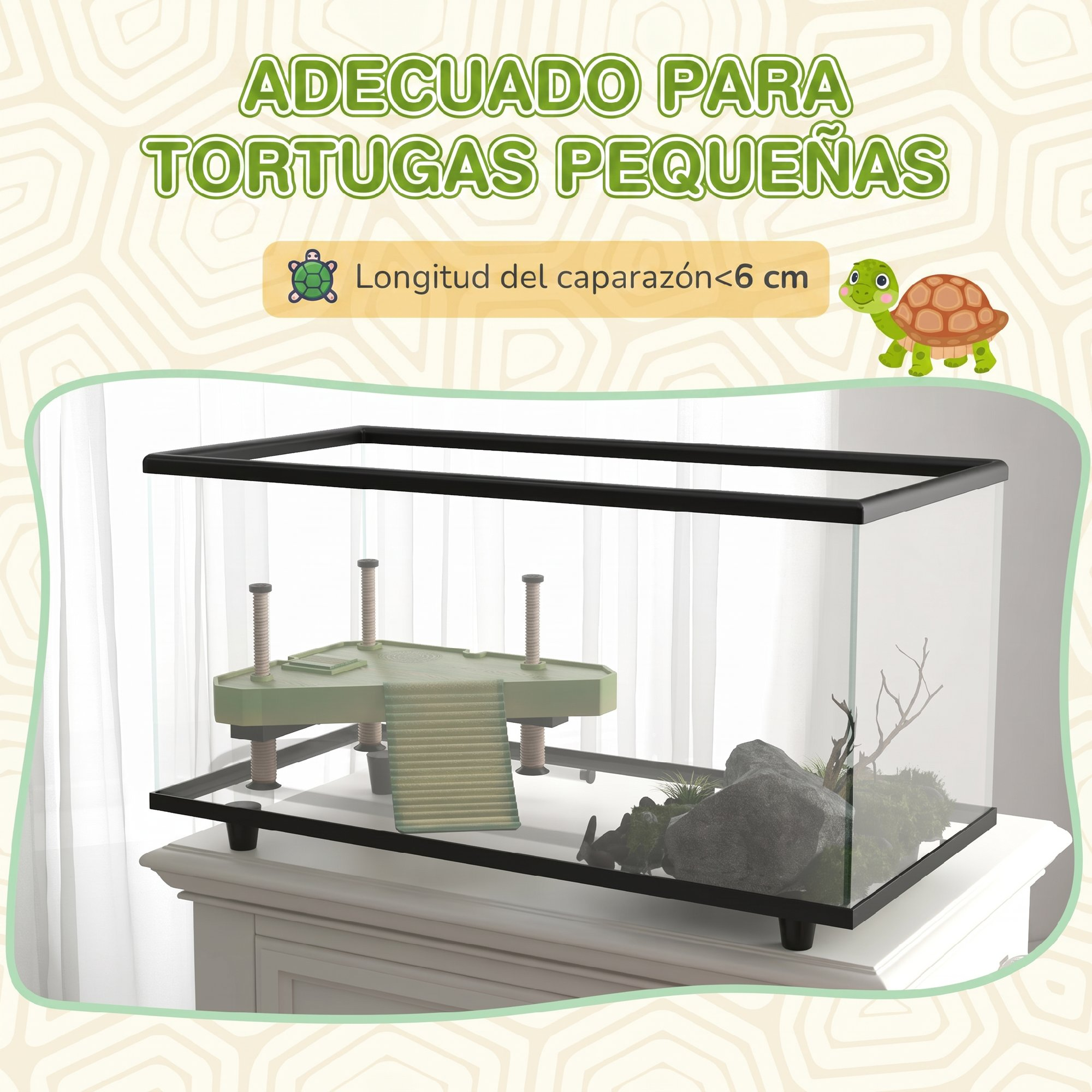 Un terrario de cristal sobre una mesa blanca con plataforma, rocas y decoración. Texto arriba.