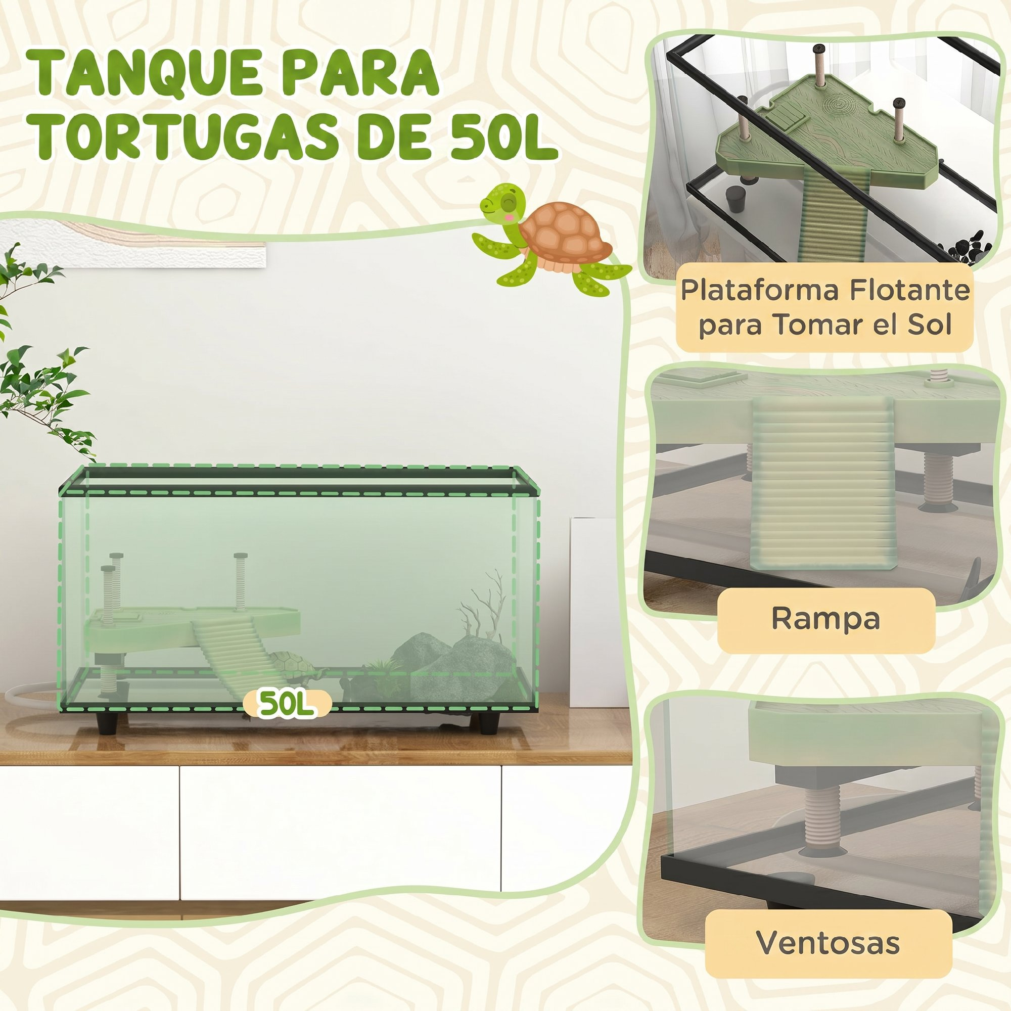 Un tanque para tortugas de 50L con plataforma flotante para tomar el sol, rampa y ventosas.