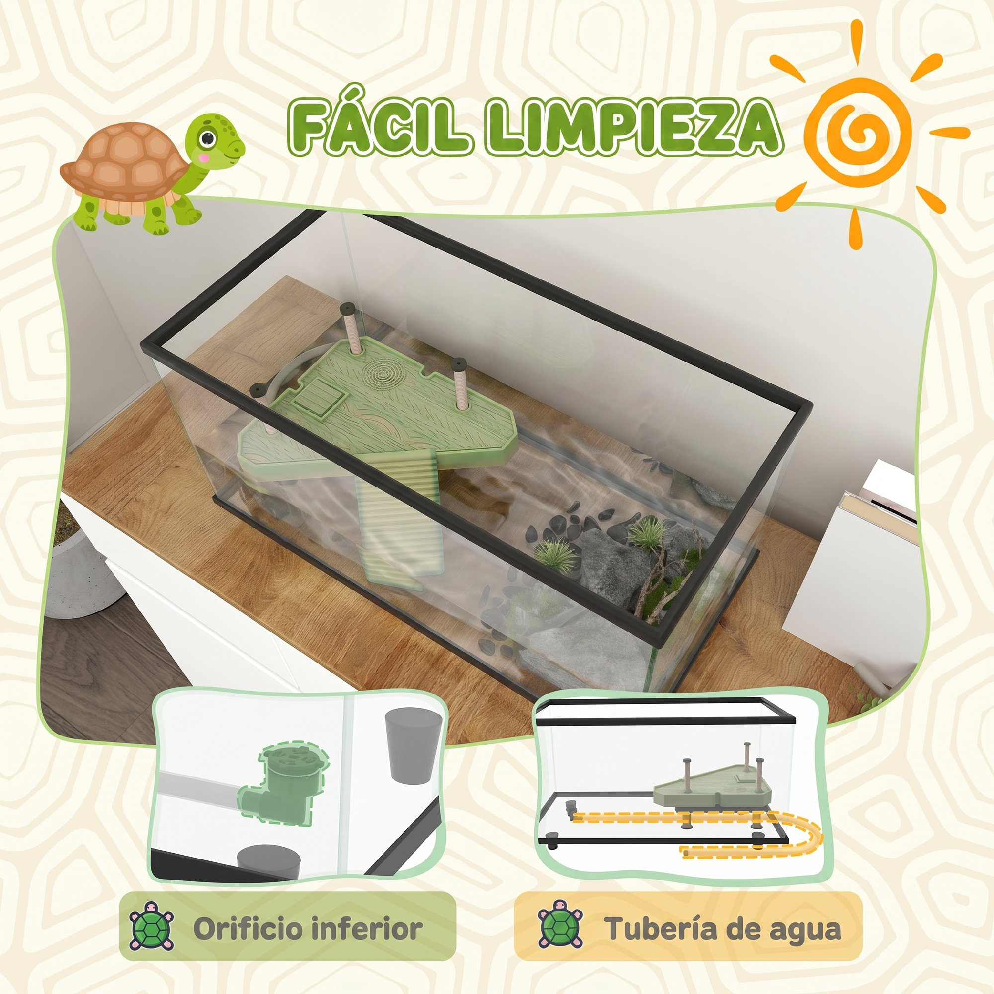 Un tanque para tortugas vacío con plataforma, rocas y esquemas inferiores que muestran el drenaje y tuberías.