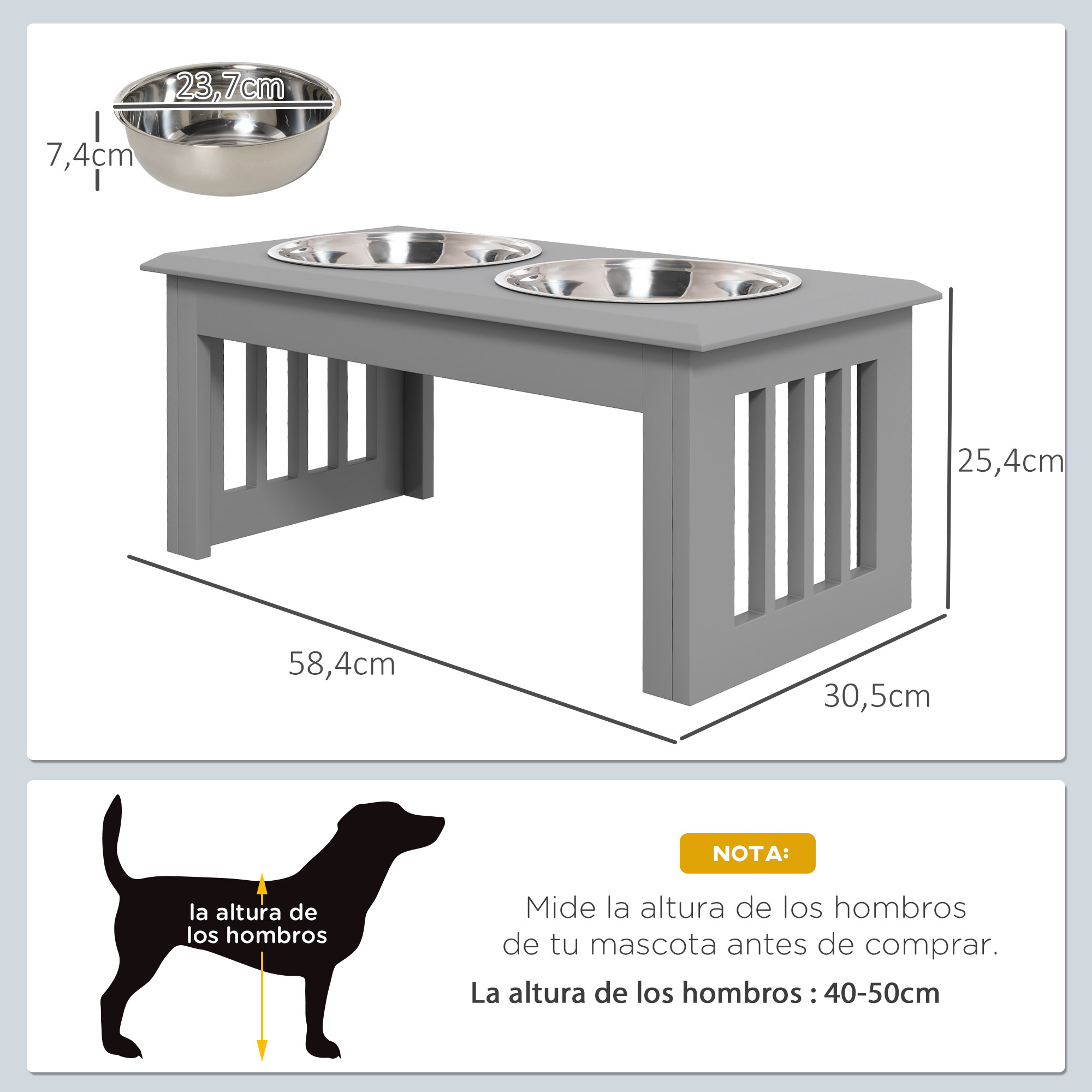 Comedero elevado gris para perros con dos cuencos de acero inoxidable, medidas y guía de tallas.