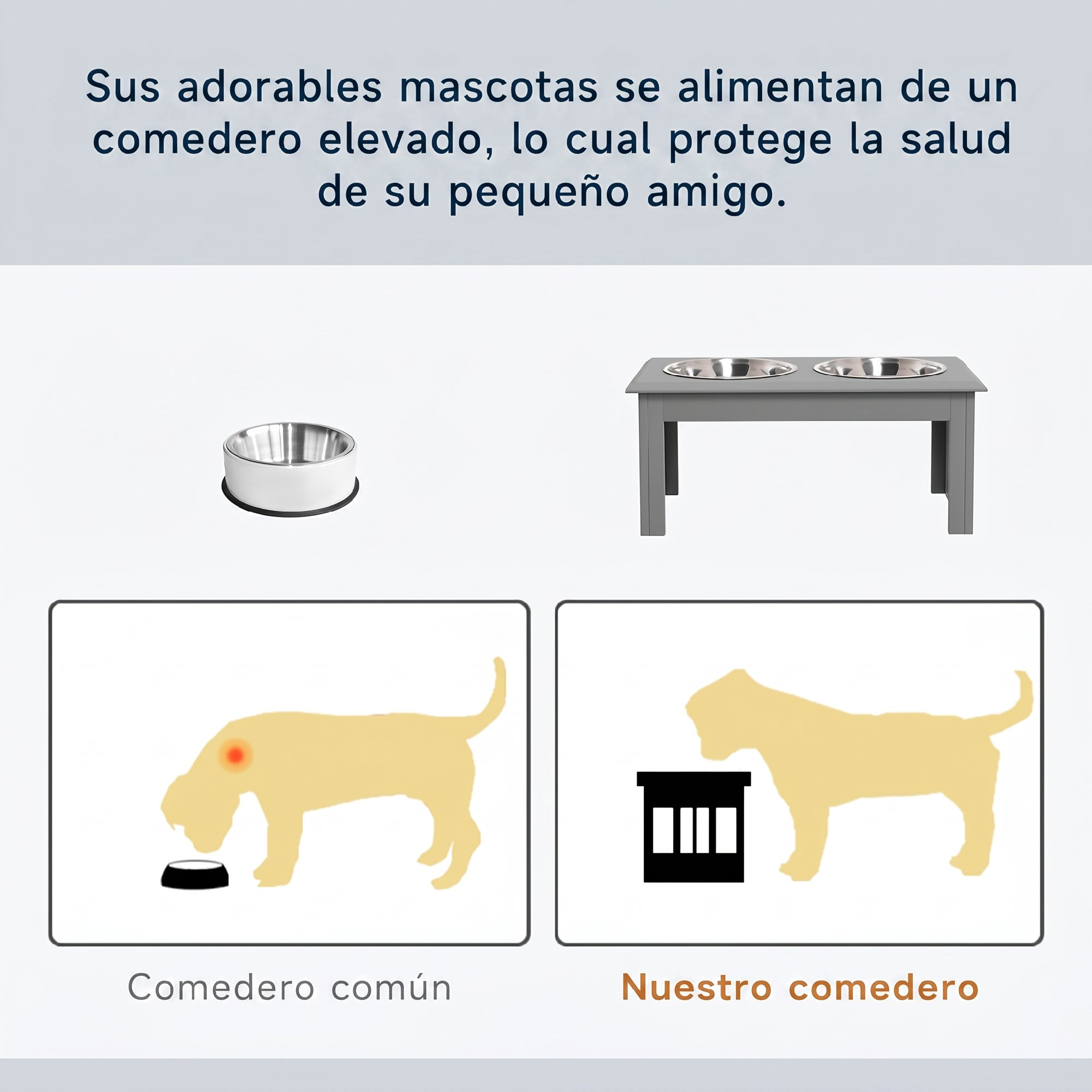 Comparación de un plato bajo frente a un comedero elevado y ergonómico que protege la salud de la mascota.