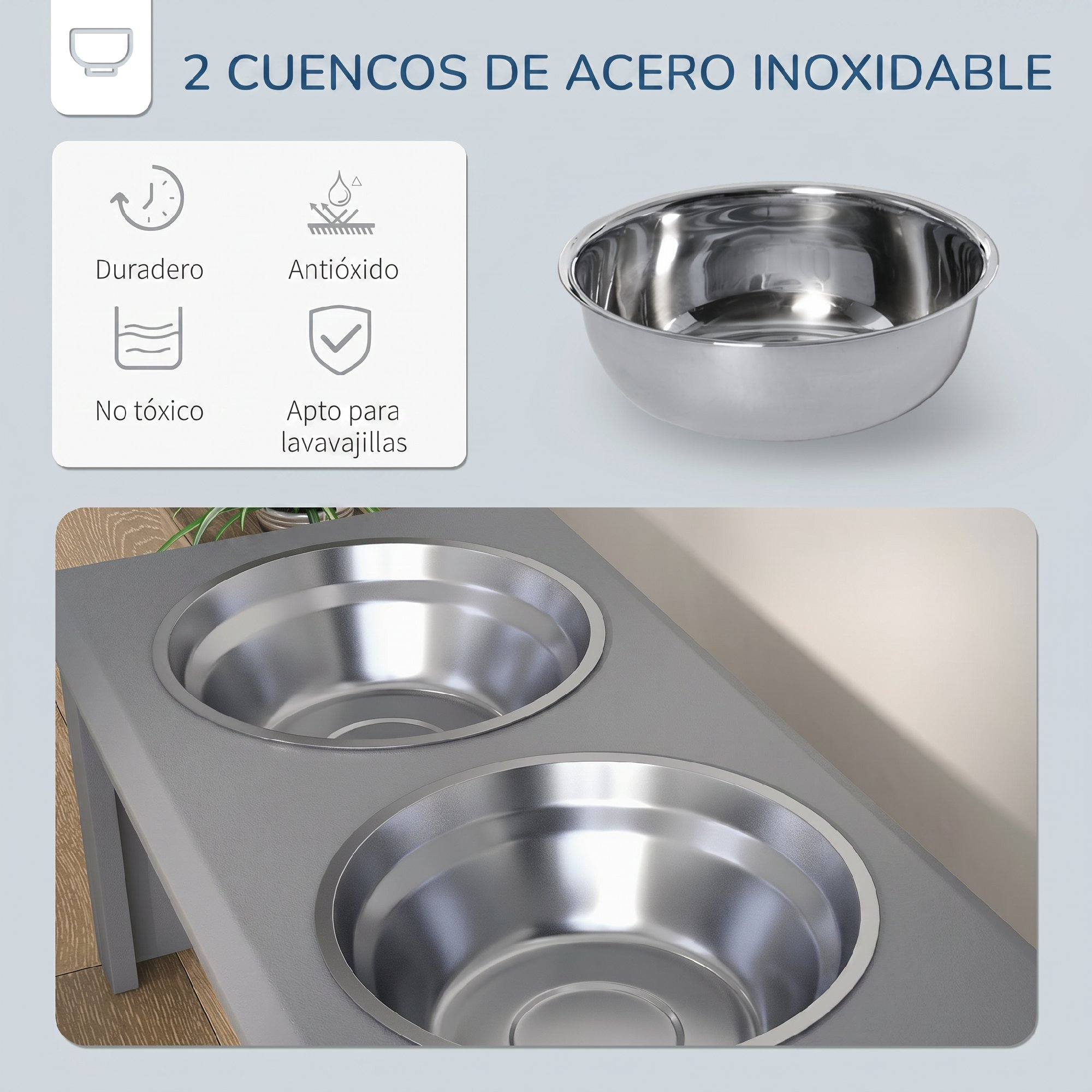 Dos cuencos de acero inoxidable brillantes en un soporte gris, con iconos de durabilidad y resistencia.