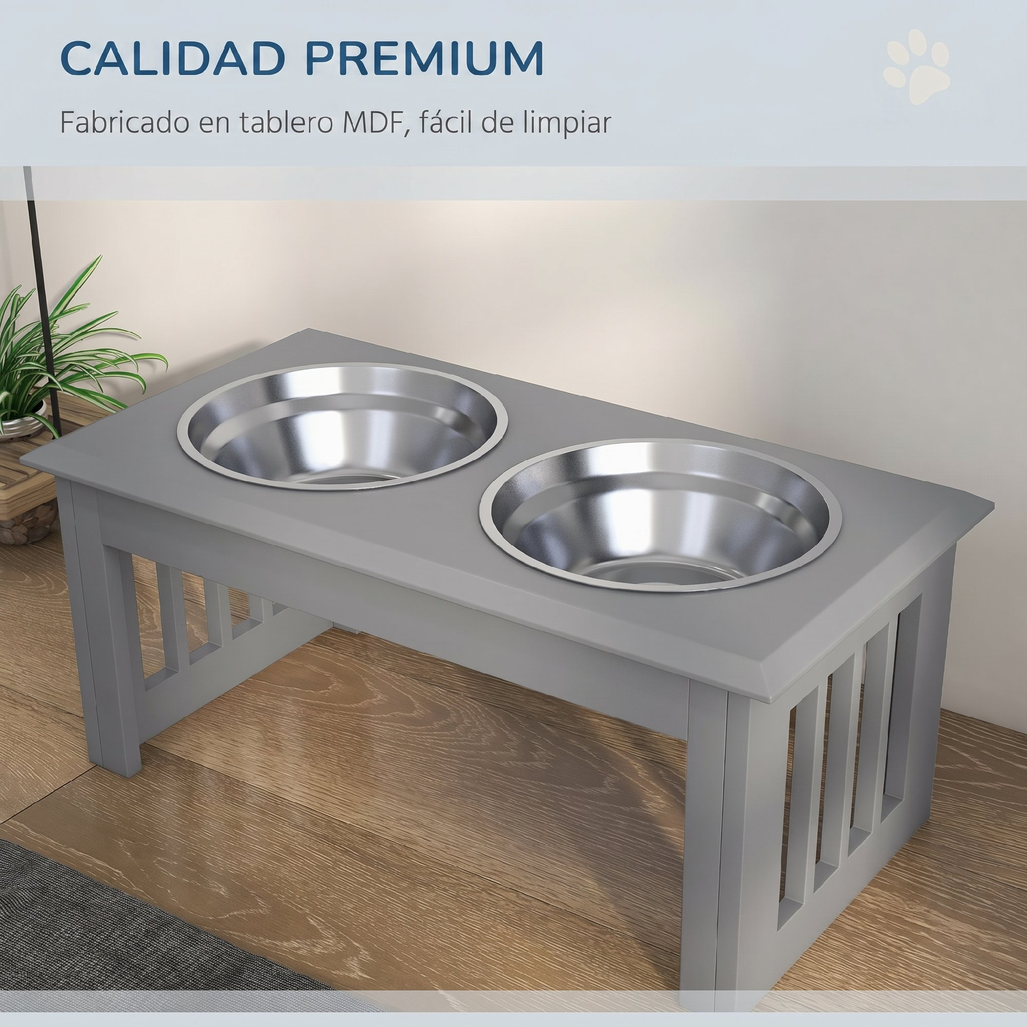 Comedero para mascotas de MDF gris con dos cuencos de acero inoxidable.