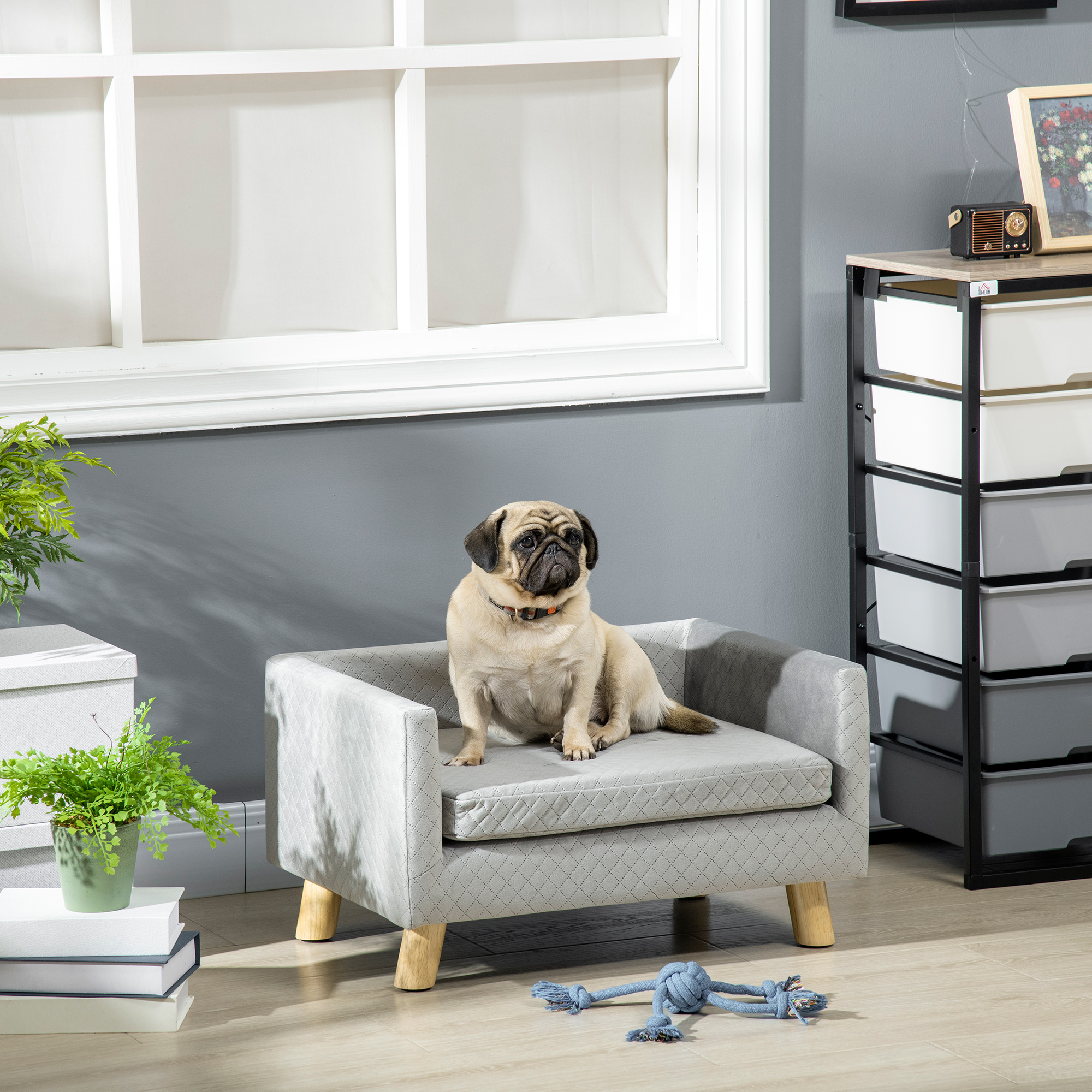Un pug se sienta en un sofá gris para perros frente a una ventana en una habitación.