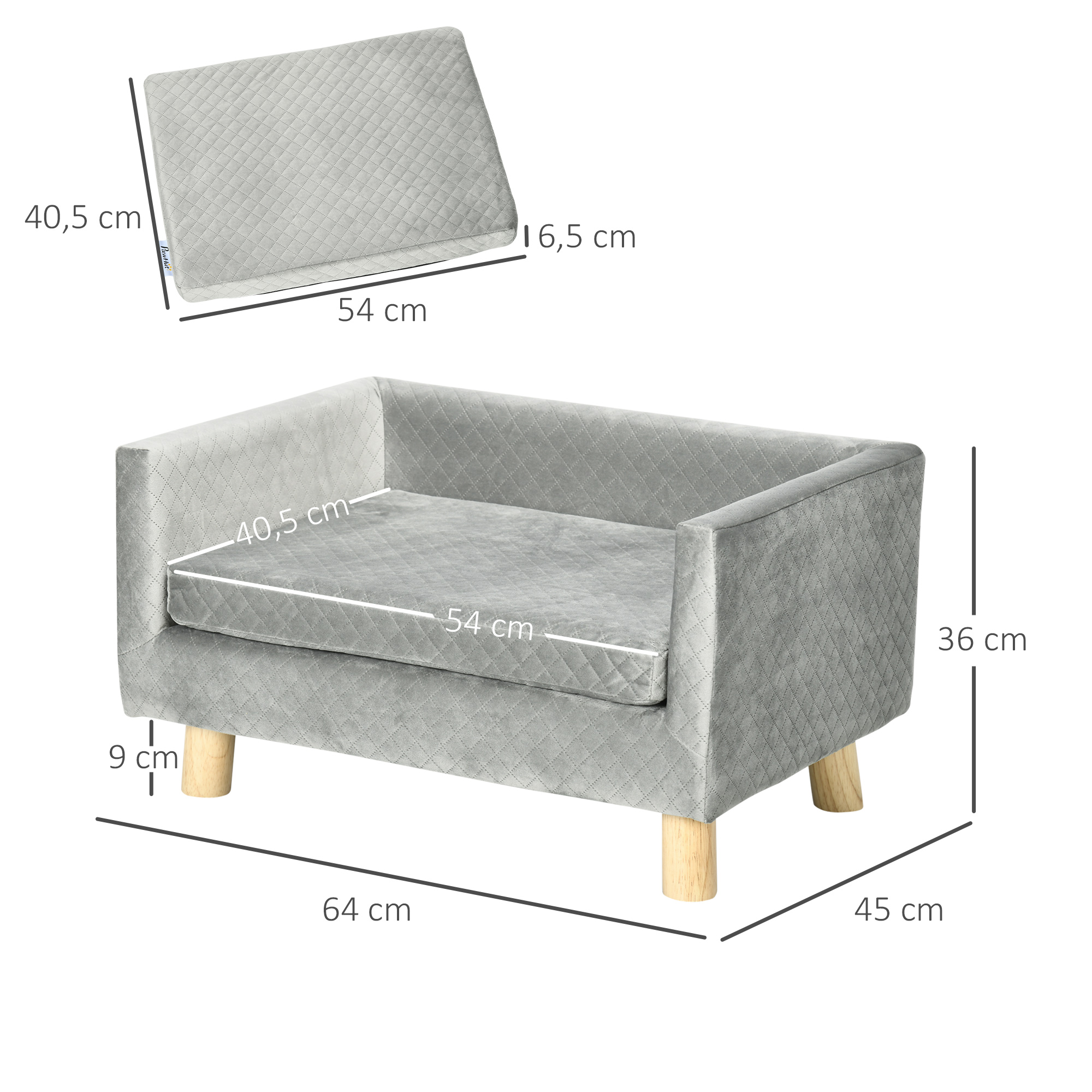 Sofá para mascotas de terciopelo gris con patas de madera, dimensiones y cojín extraíble sobre fondo blanco.