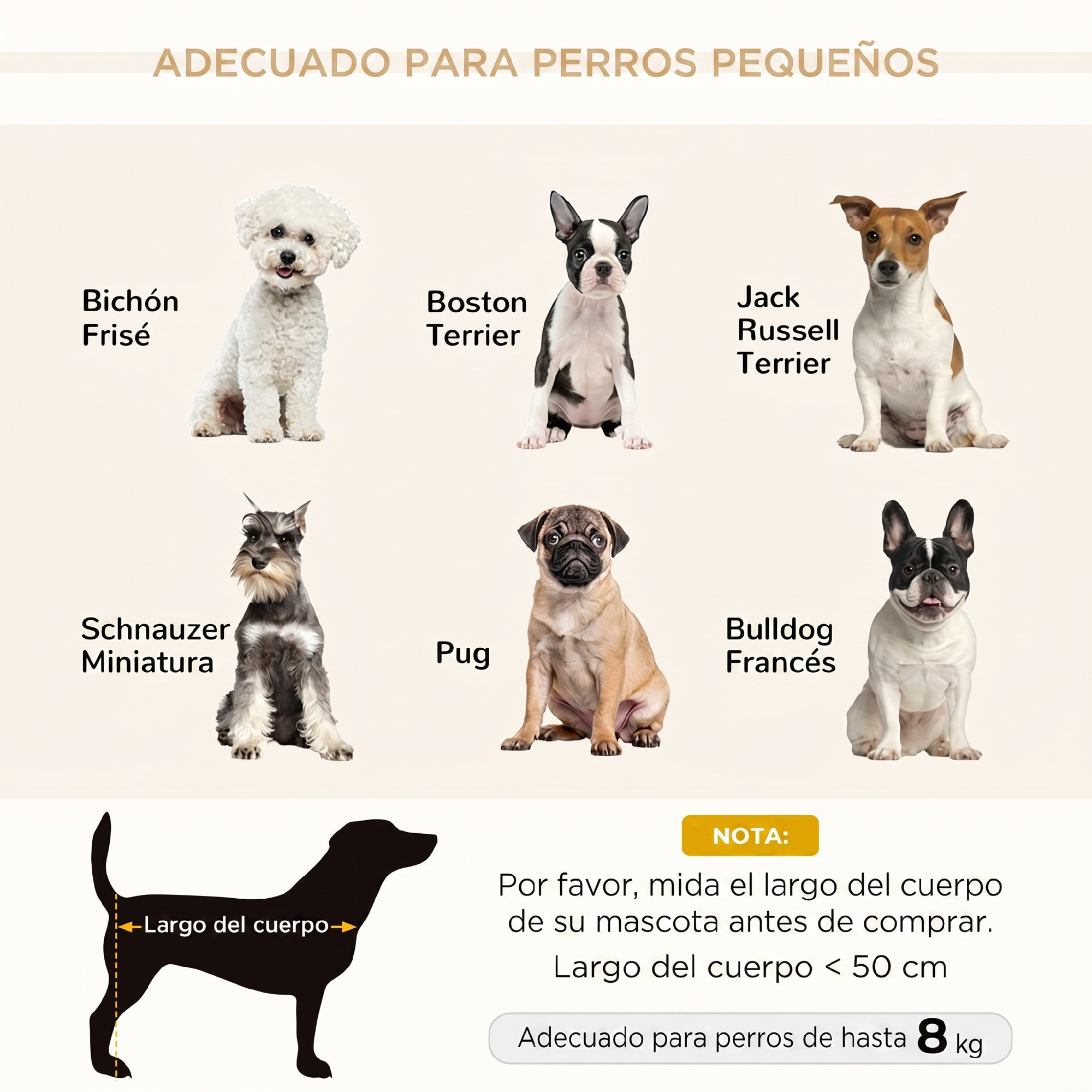Gráfico con seis razas de perros pequeños y texto sobre medir el cuerpo.