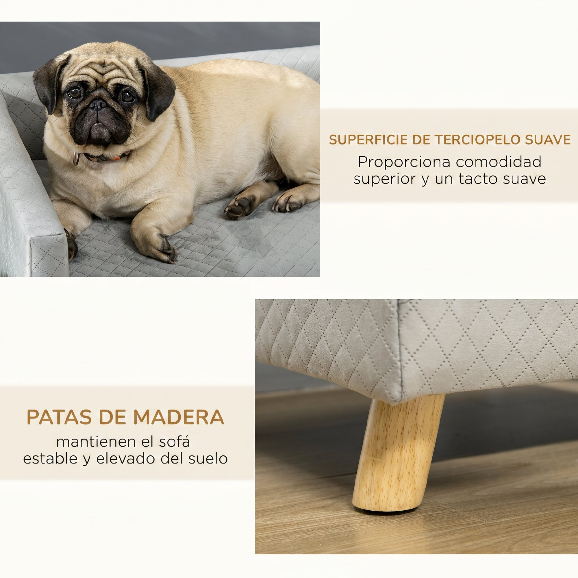Un pug descansa en un sofá gris para mascotas con patas de madera y terciopelo.