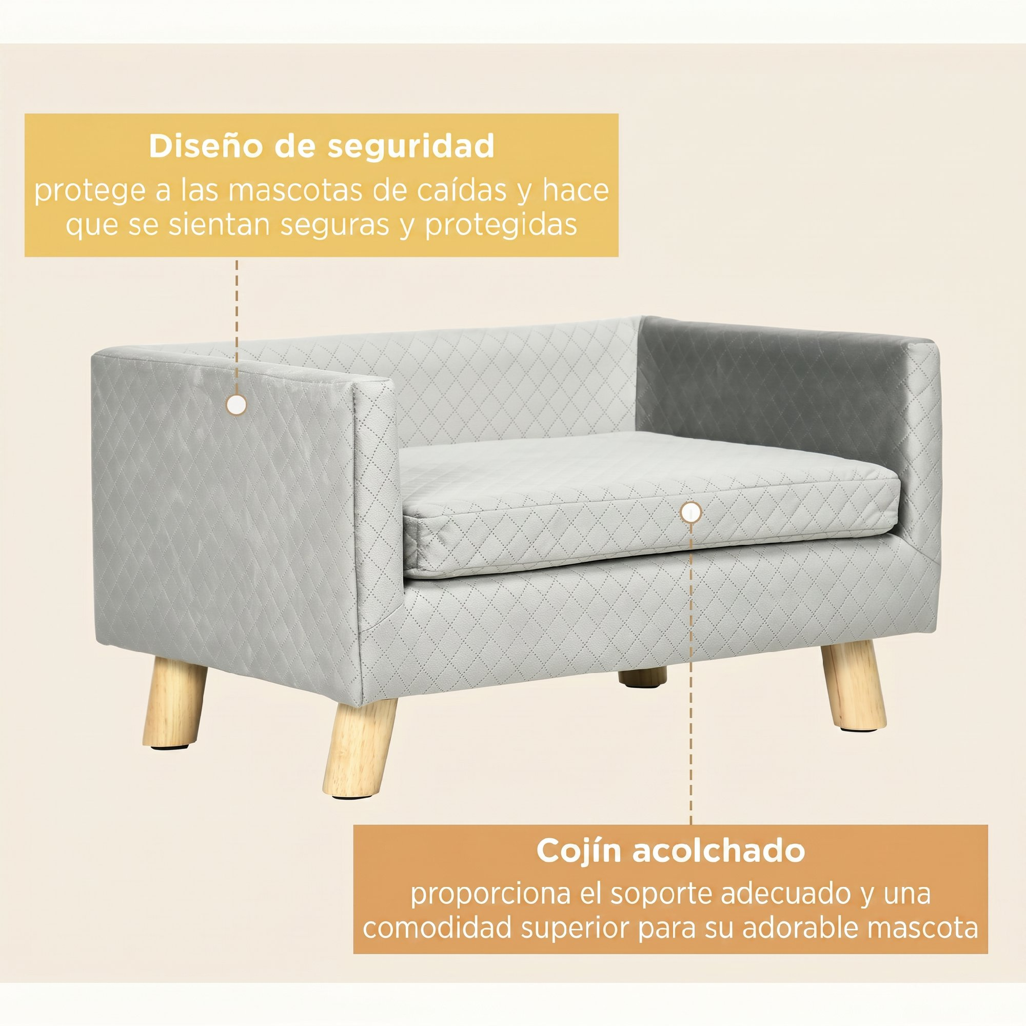 Sofá acolchado gris para mascotas con patas de madera, elevado y con etiquetas de texto en español.