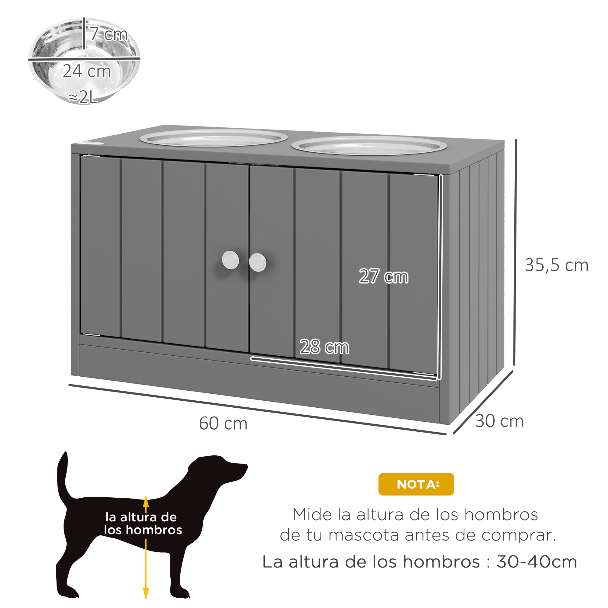 Mueble gris para comederos de perro con medidas, dos cuencos y altura de hombros recomendada.