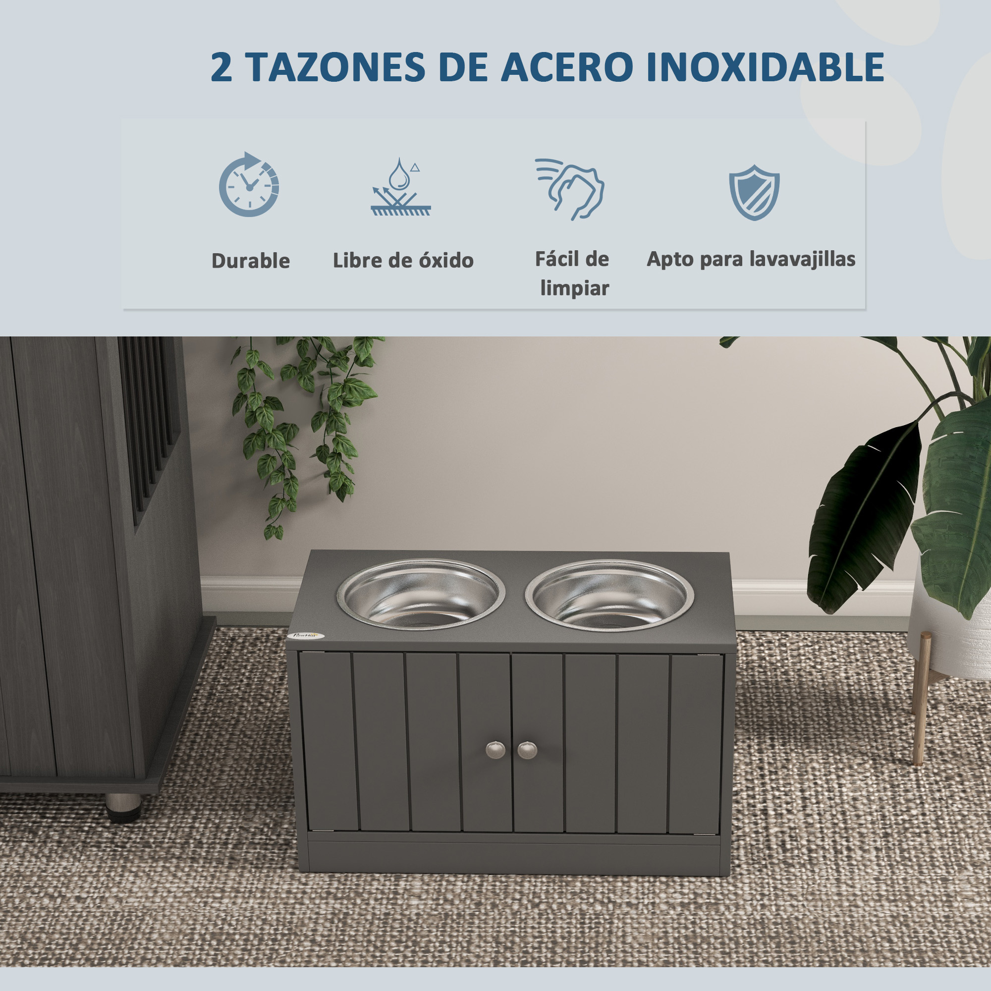Mueble de madera gris para perros con dos tazones de acero inoxidable sobre una alfombra, con iconos arriba.