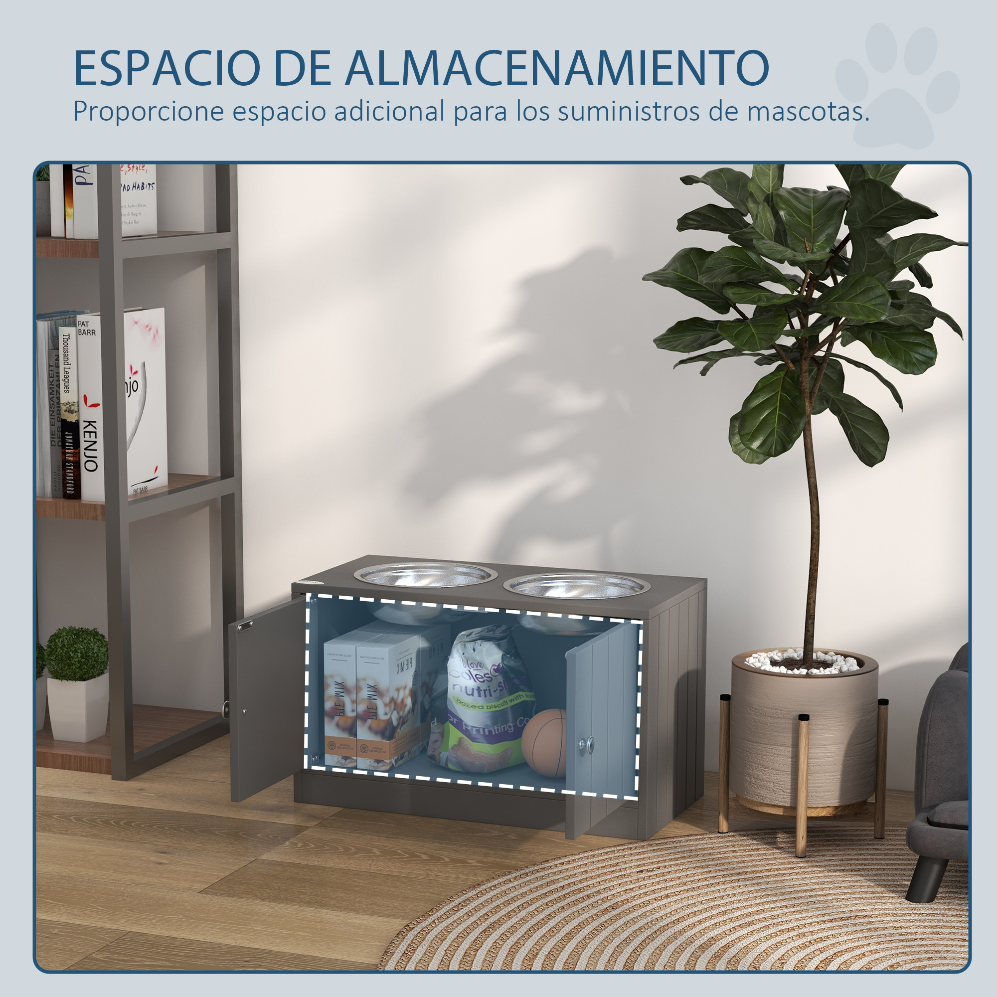 Estación de alimentación gris para perros con almacenamiento, dos cuencos, estantería y planta.