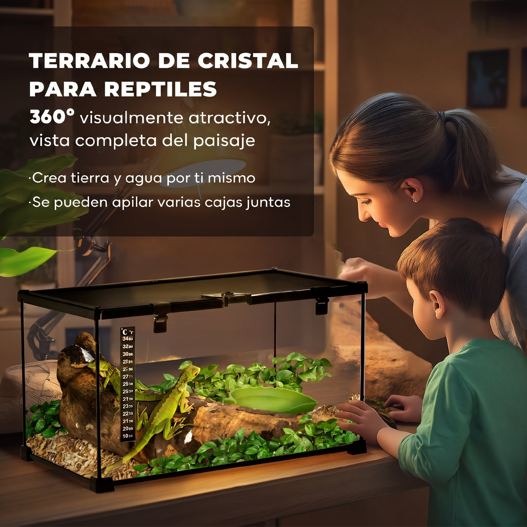 Una mujer y un niño observan un terrario de cristal para reptiles con un lagarto.