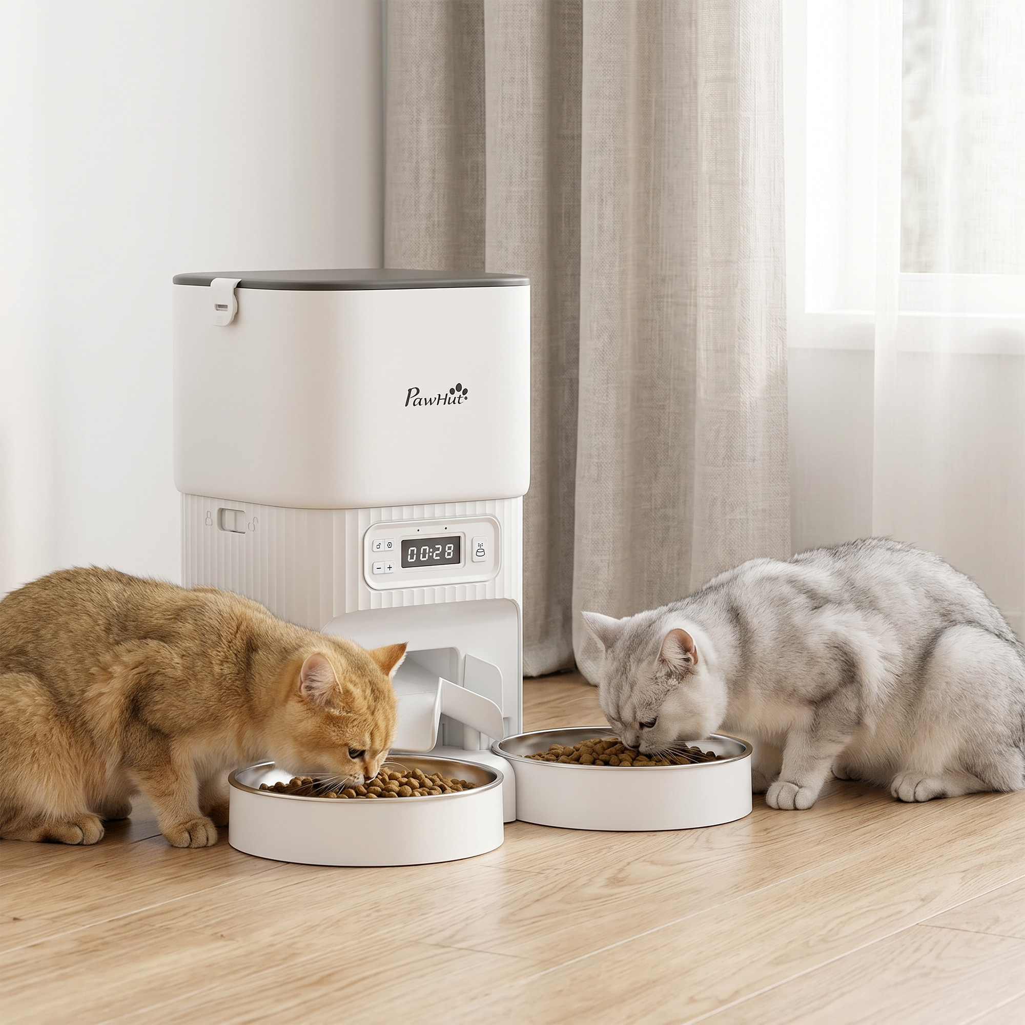 Dos gatos comen de cuencos de metal frente a un comedero automático en un suelo de madera ante una cortina.