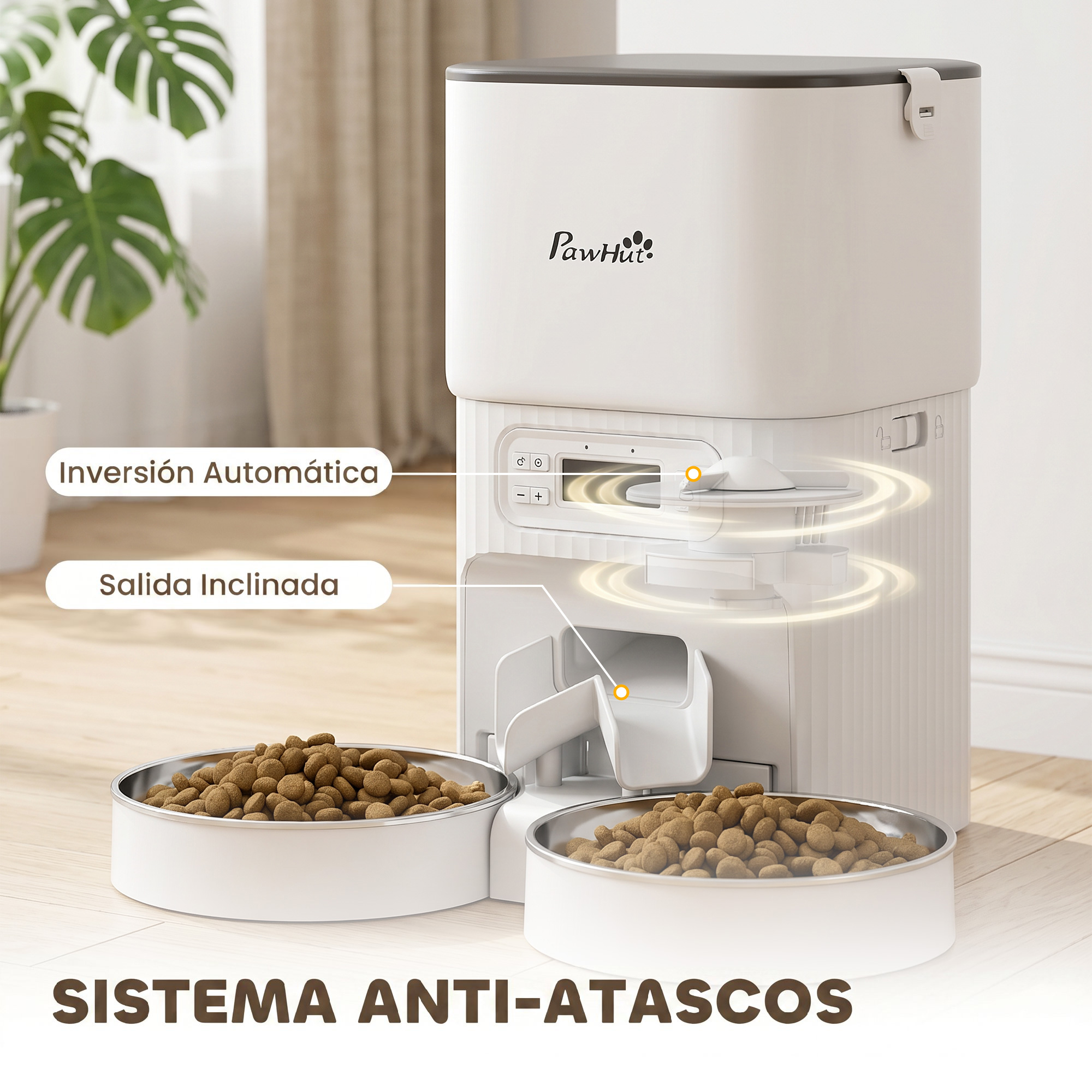 Comederos automáticos para mascotas PawHut con dos cuencos llenos de pienso y sistema anti-atascos.