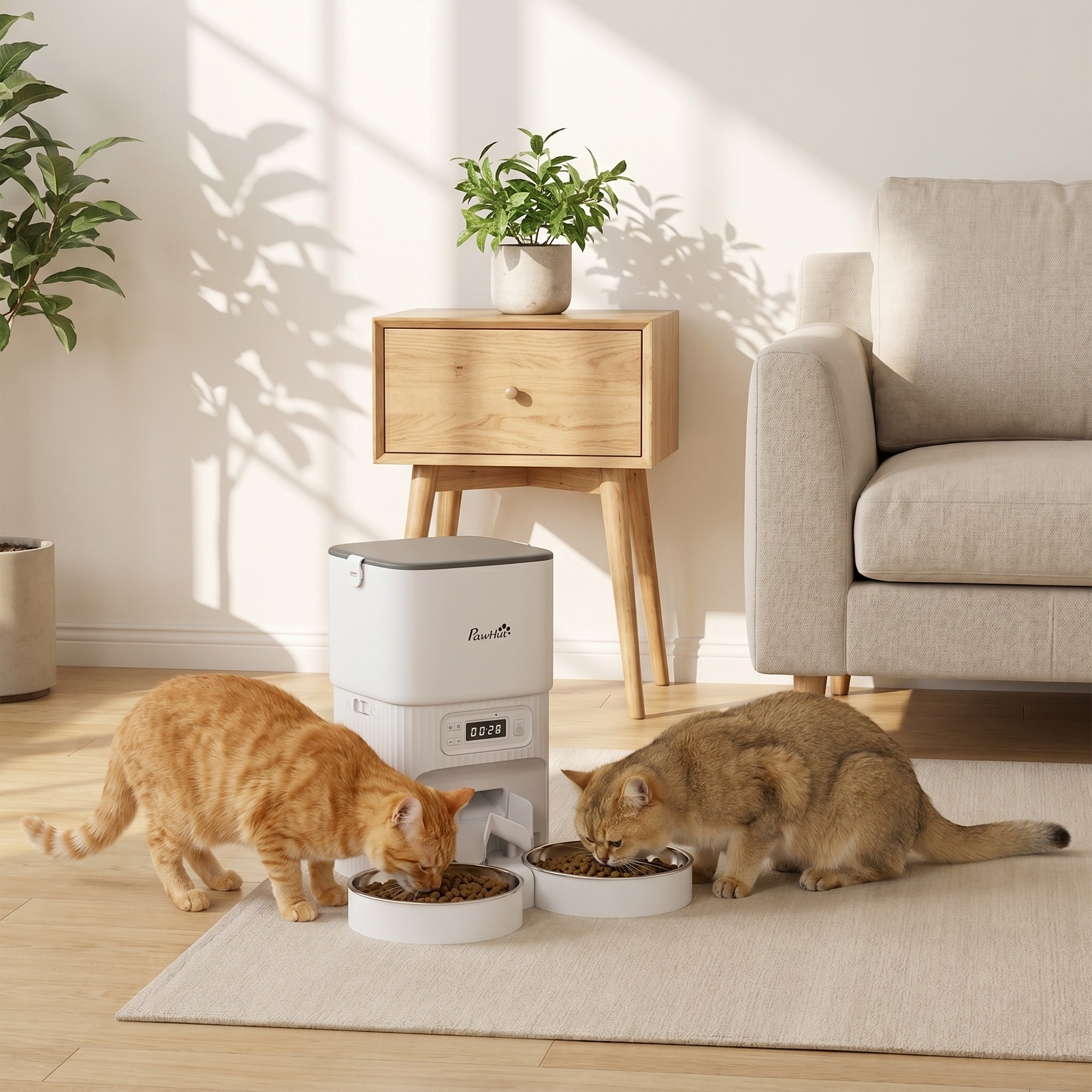 Dos gatos comen de cuencos cerca de un comedero automático en una alfombra.