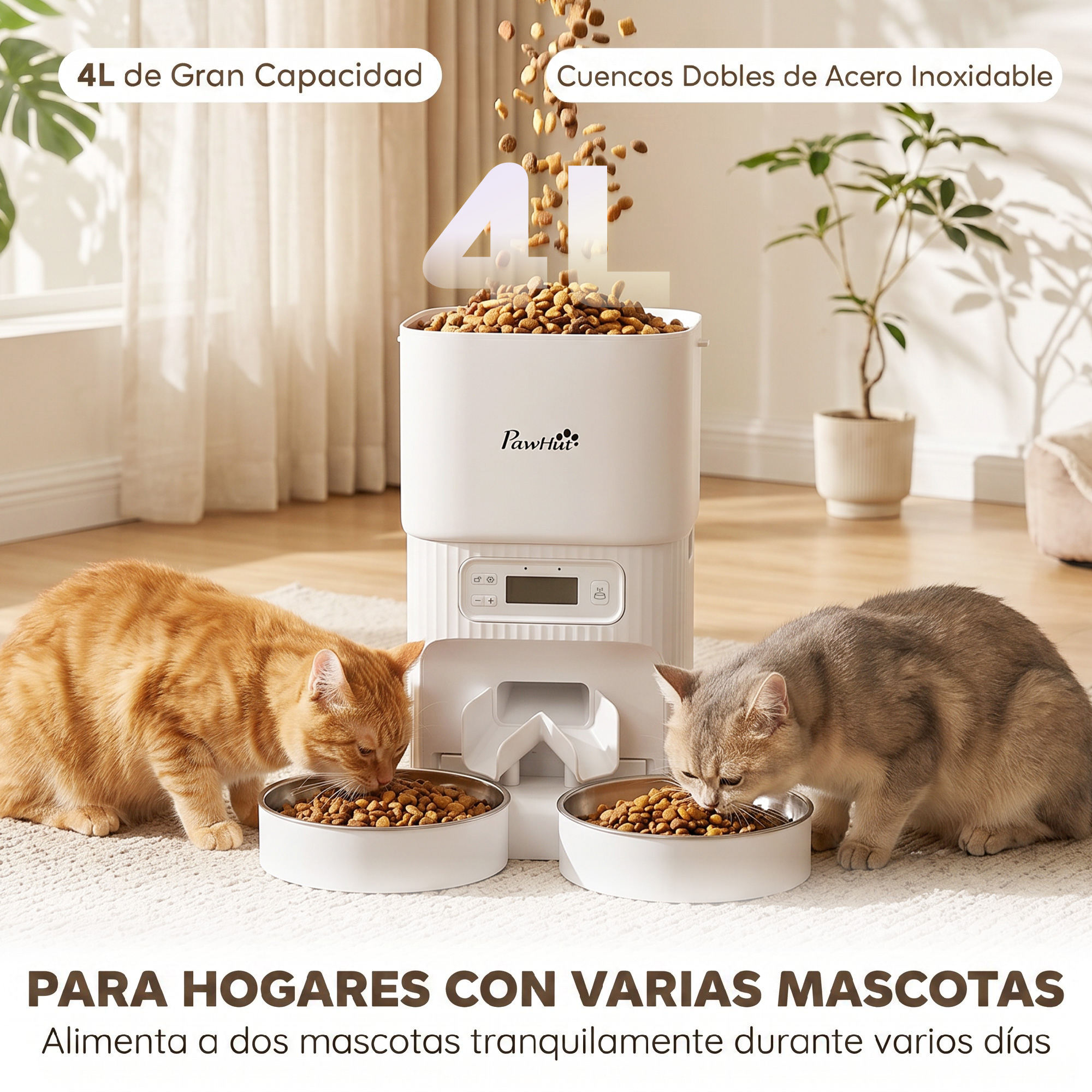 Dos gatos comen de cuencos dobles de un comedero automático en una habitación iluminada.