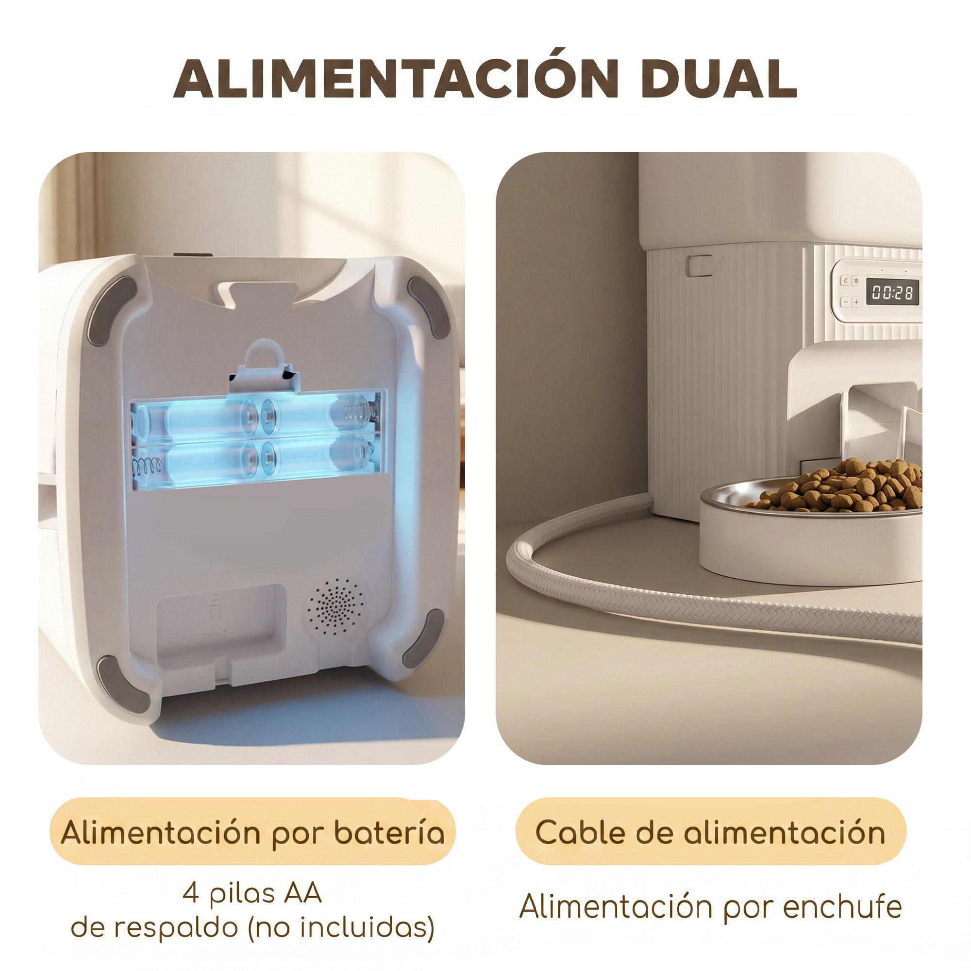 Comedero automático para mascotas con doble alimentación que muestra el compartimento de pilas y un cable.