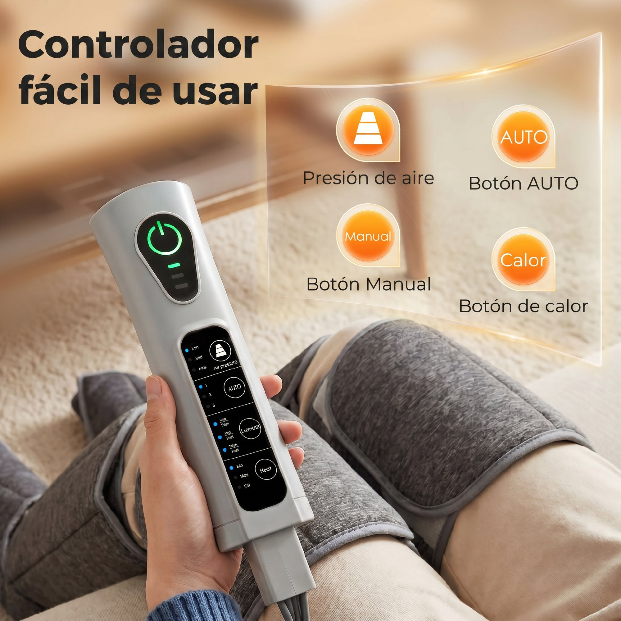 Mano sostiene un control gris para envolturas de piernas con texto.