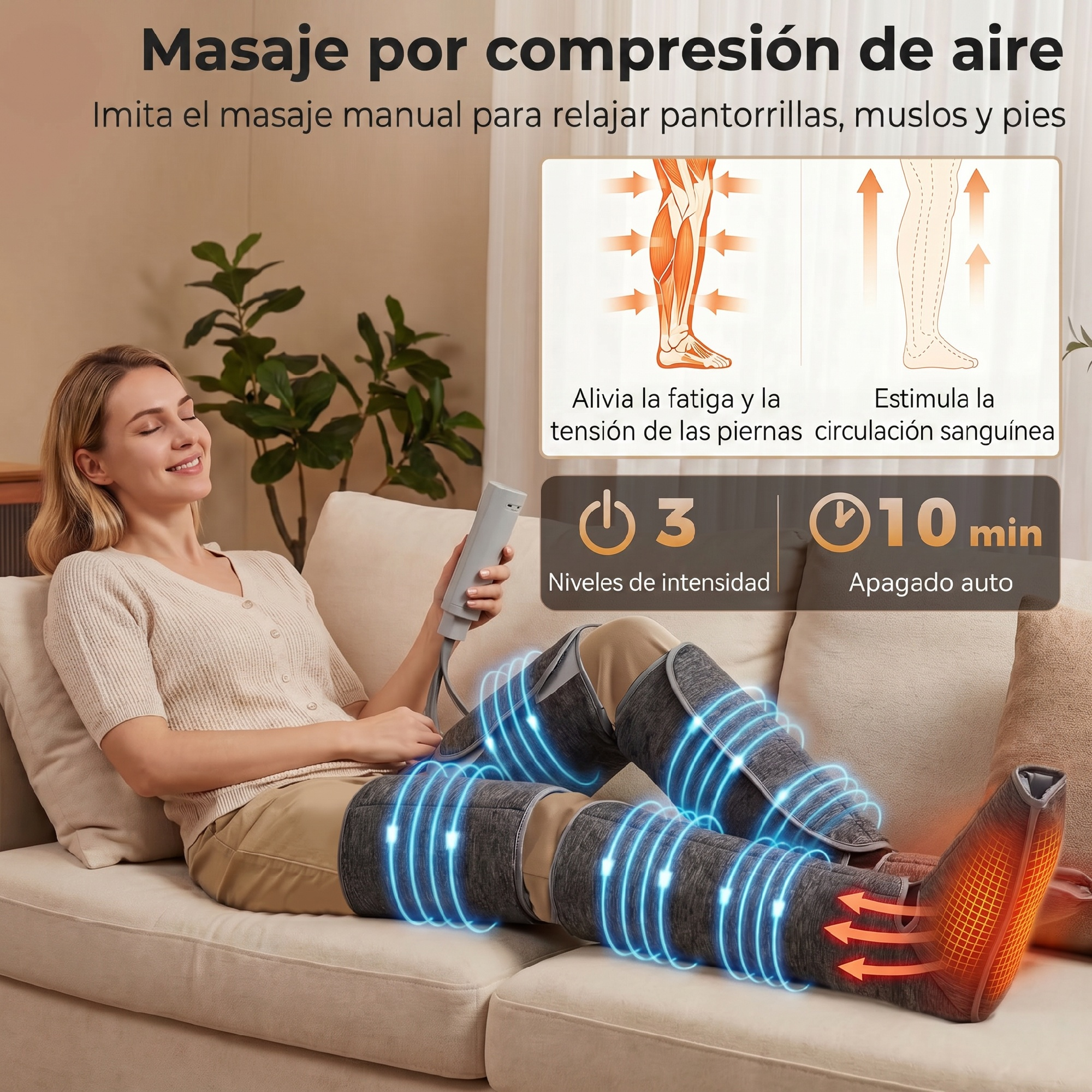 Una mujer sonriente se relaja en un sofá usando un masajeador de piernas de aire gris con gráficos azules y rojos.