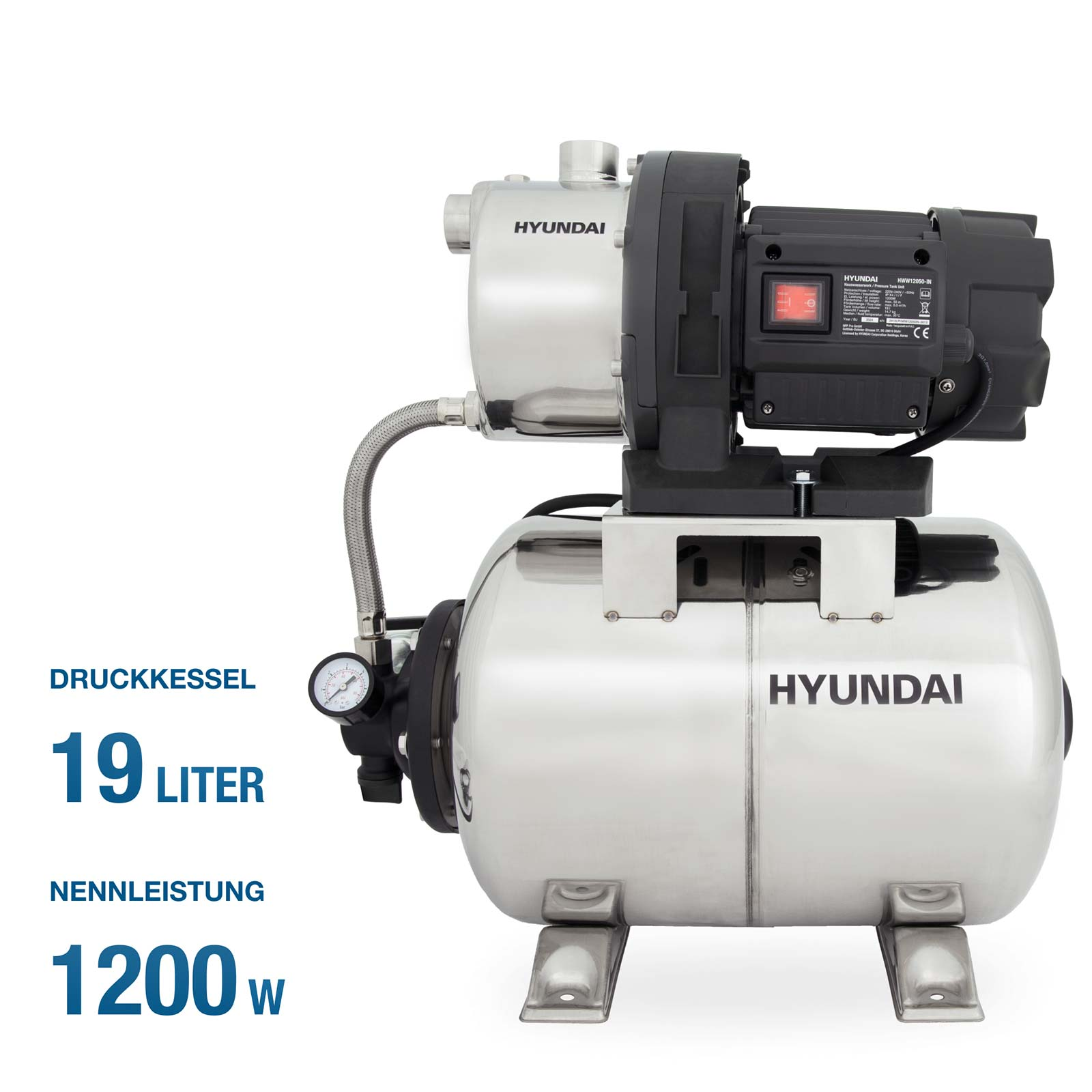 Hyundai Hauswasserwerk aus Edelstahl mit 19L Kessel und 1200W Leistung auf weißem Hintergrund.